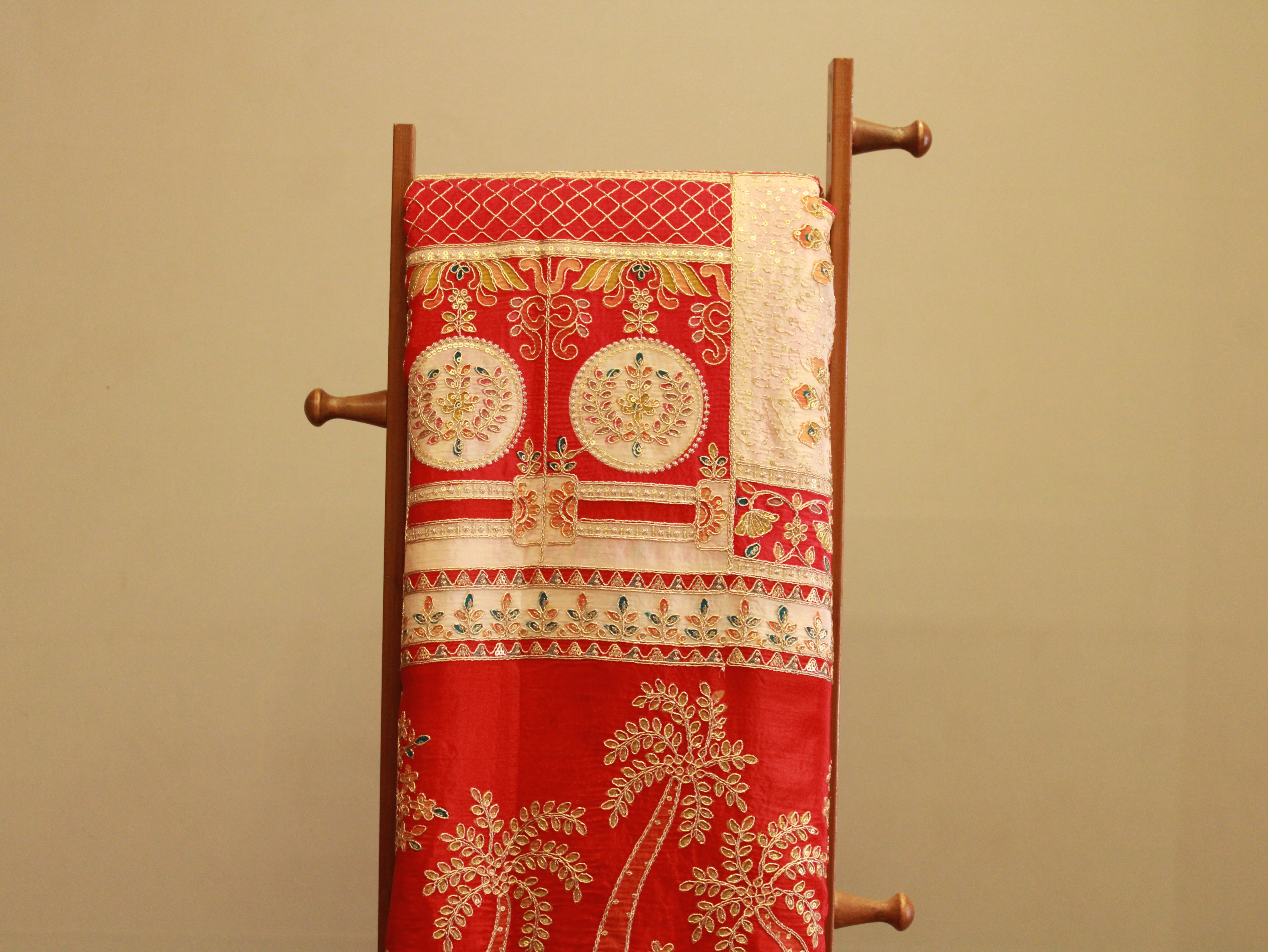 POSH : Premium Coding Work Natural Crepe Fabric  - Red