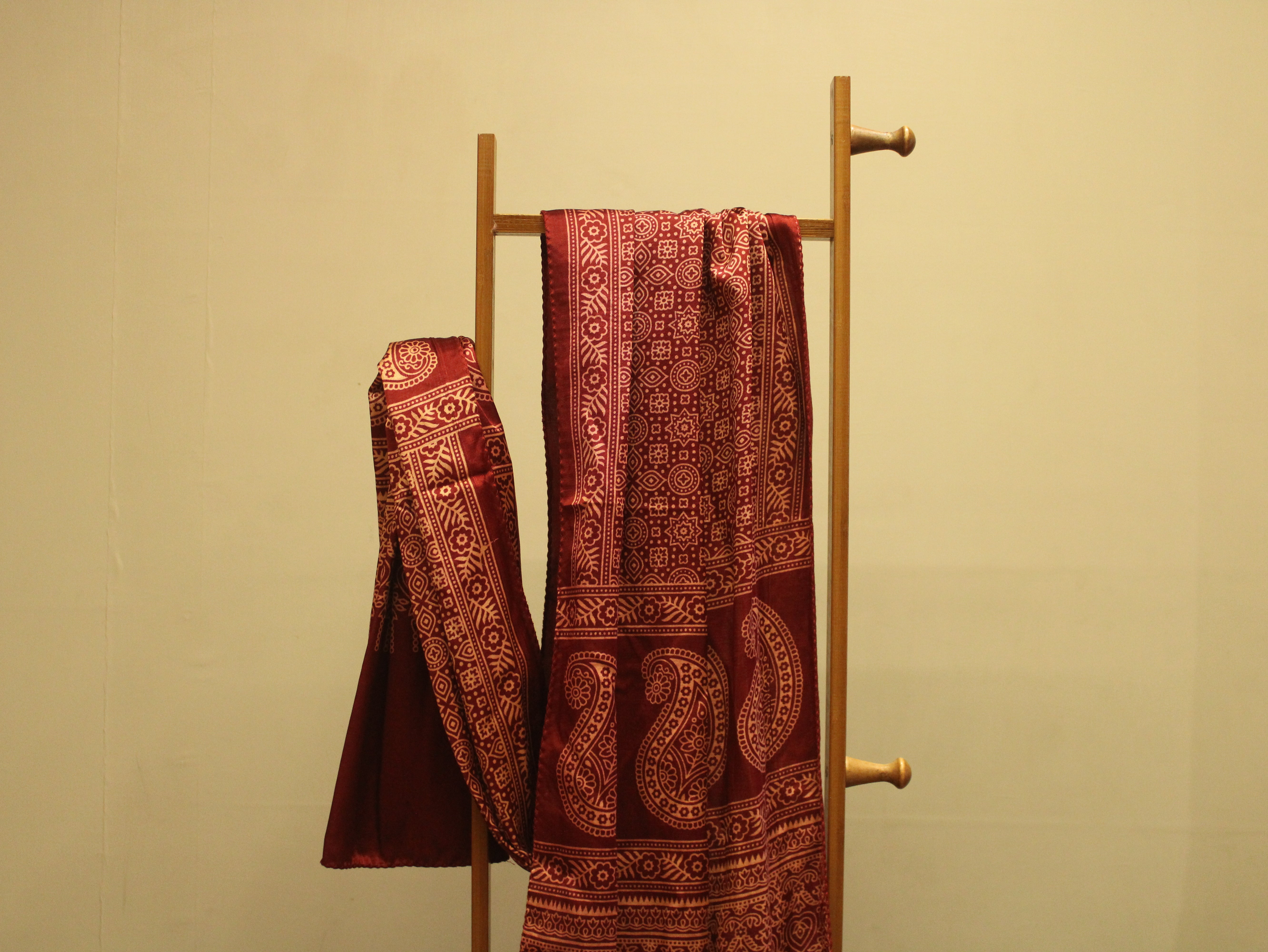 Ajrakh Women's Gaji Silk Stole - Maroon