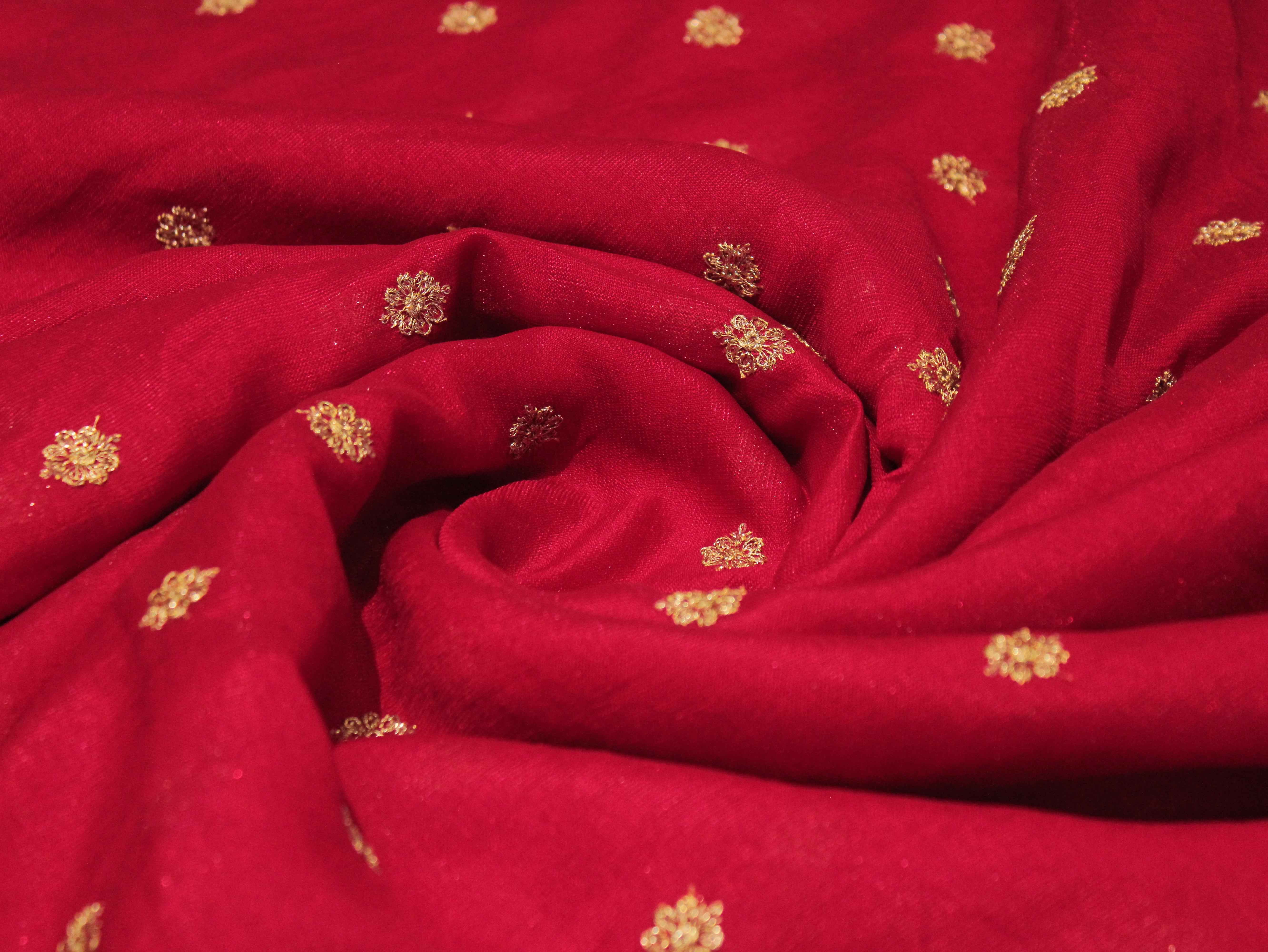 Jute Chanderi Silk Fabric with Zari Work - Cherry Red