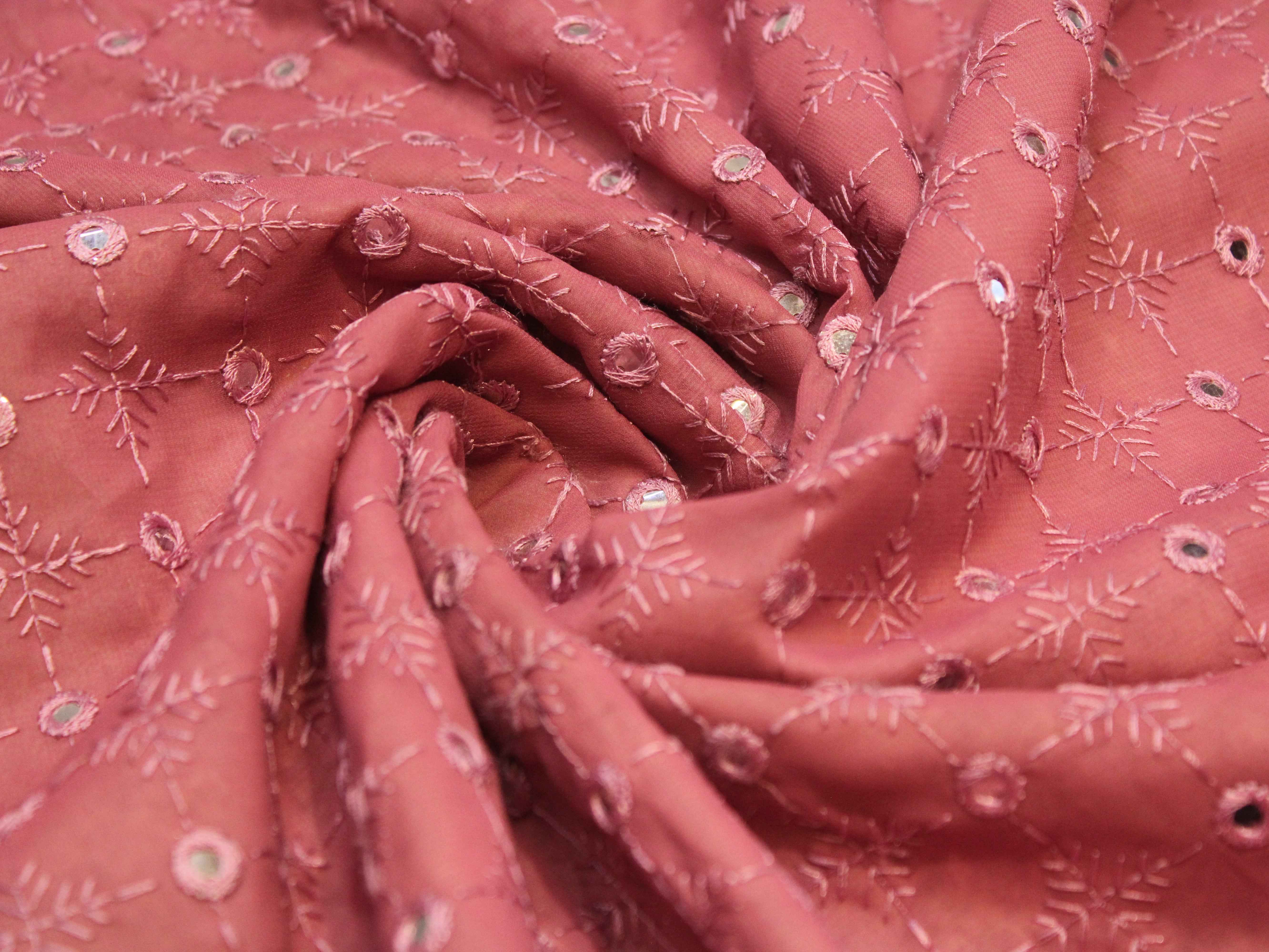 Georgette Mirror Work Fabric - Onion Pink