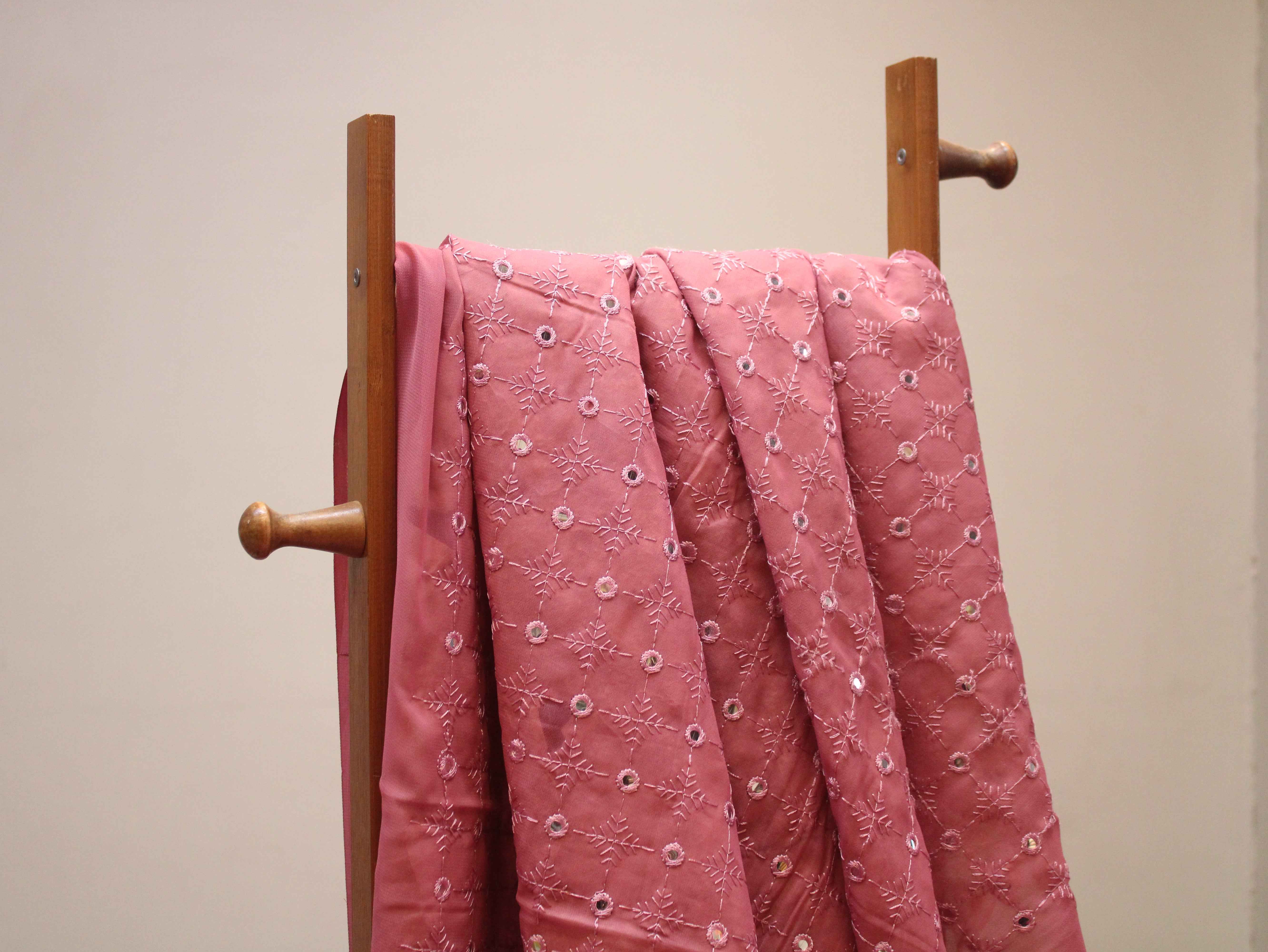 Georgette Mirror Work Fabric - Onion Pink