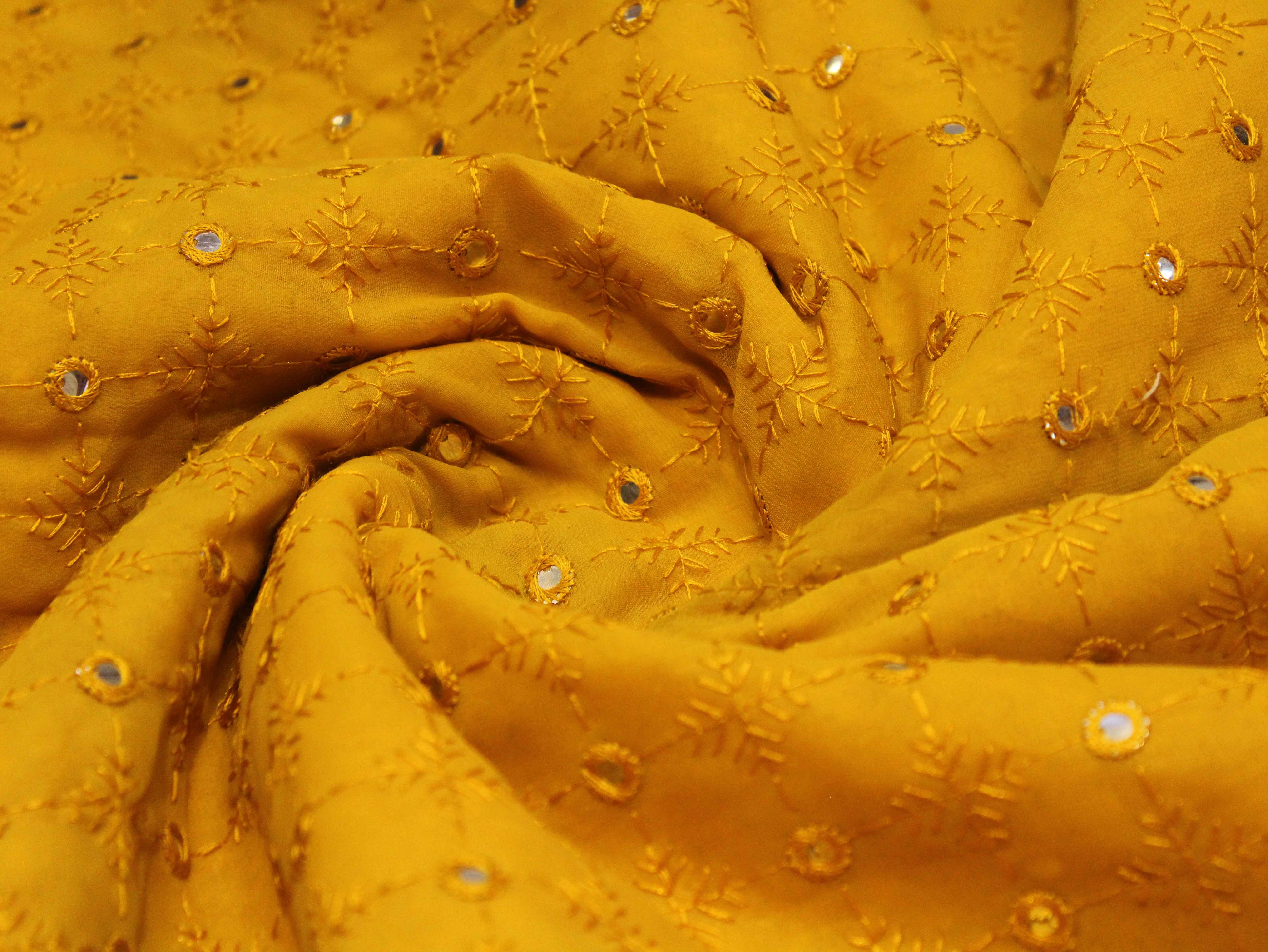 Georgette Mirror Work Fabric - Mustard Yellow