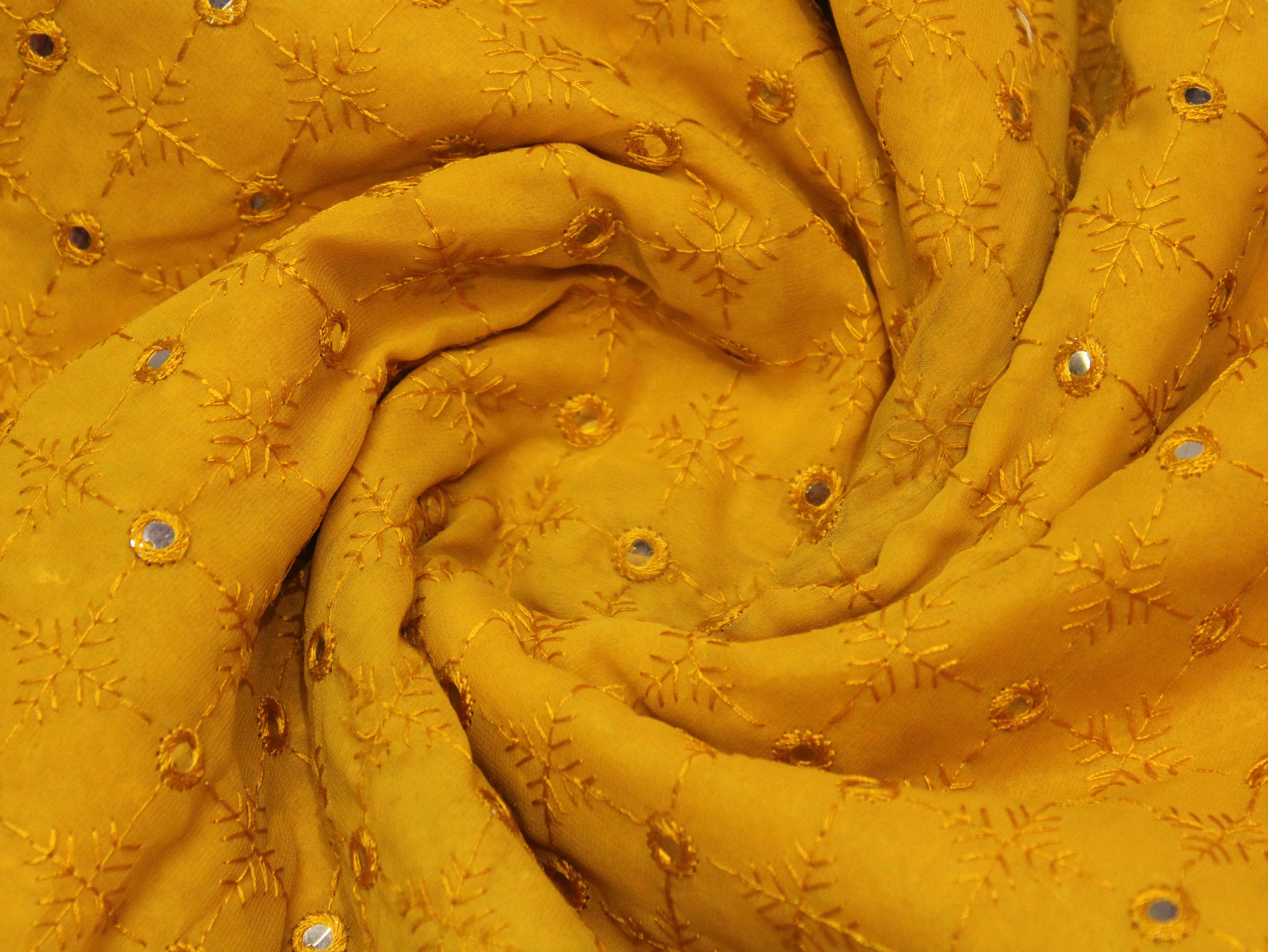 Georgette Mirror Work Fabric - Mustard Yellow