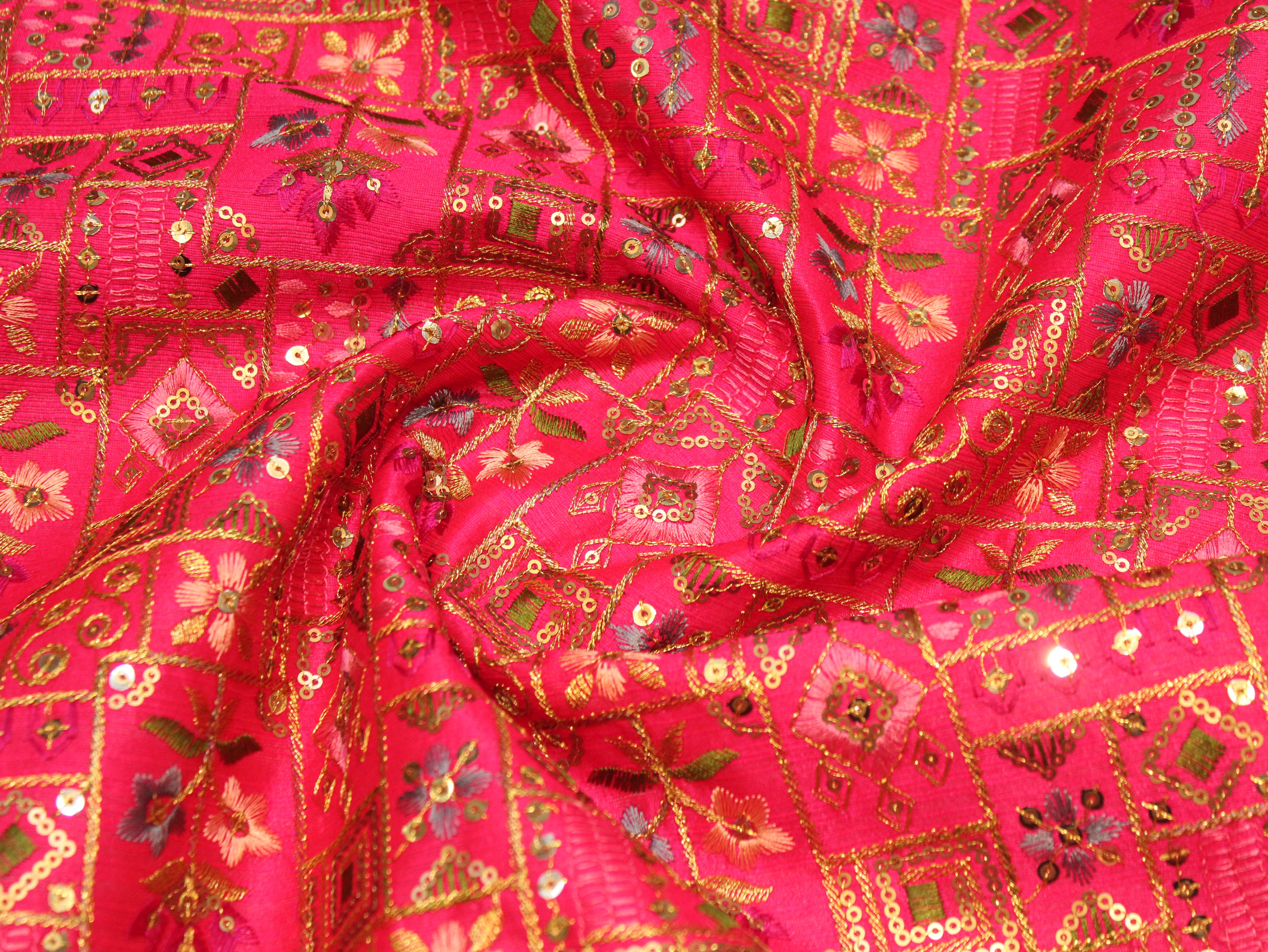 Dupion Silk Multi-Colour Thread Work Fabric - Rani