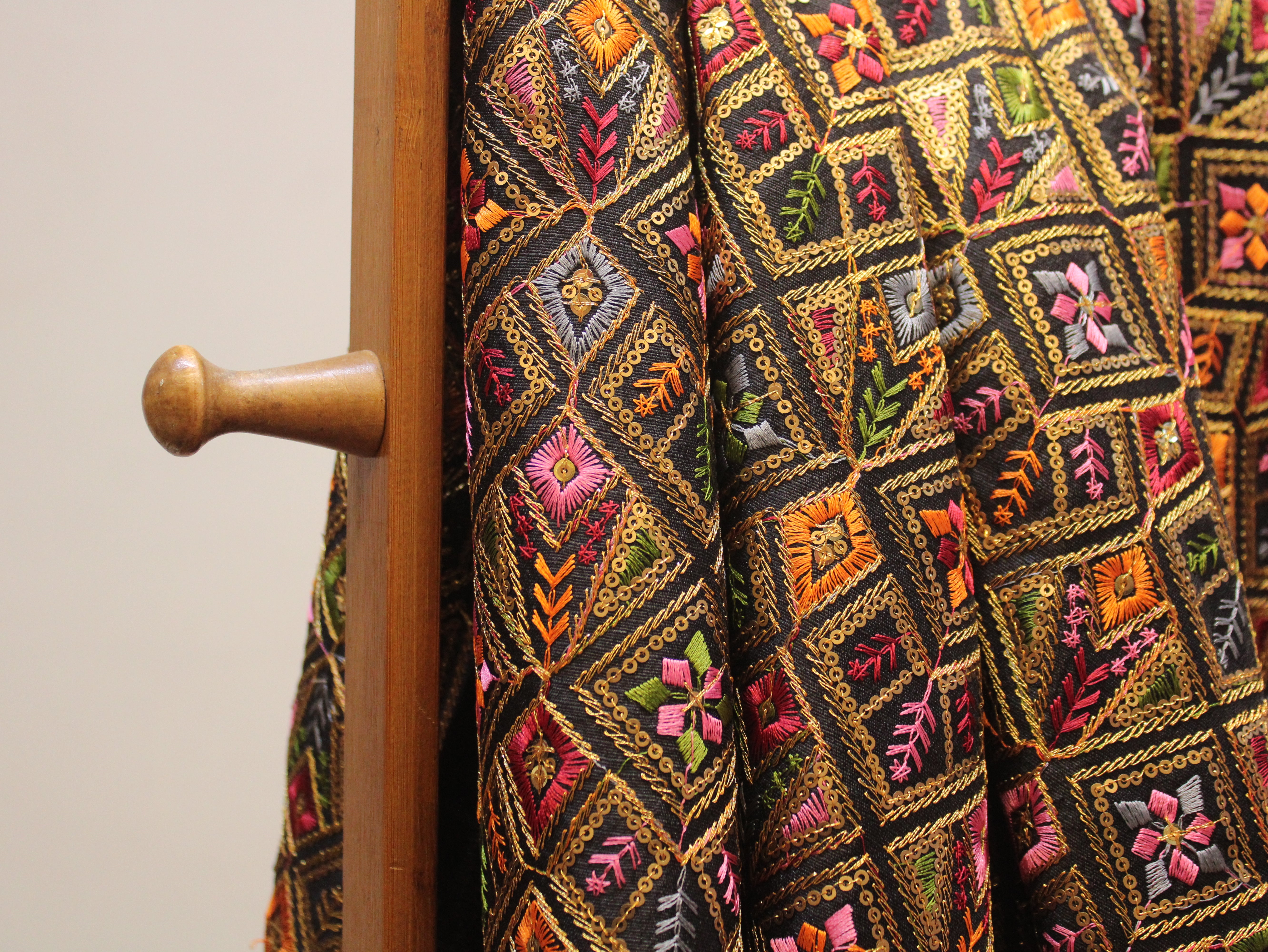 Dupion Silk Multi-Colour Thread Work Fabric - Black