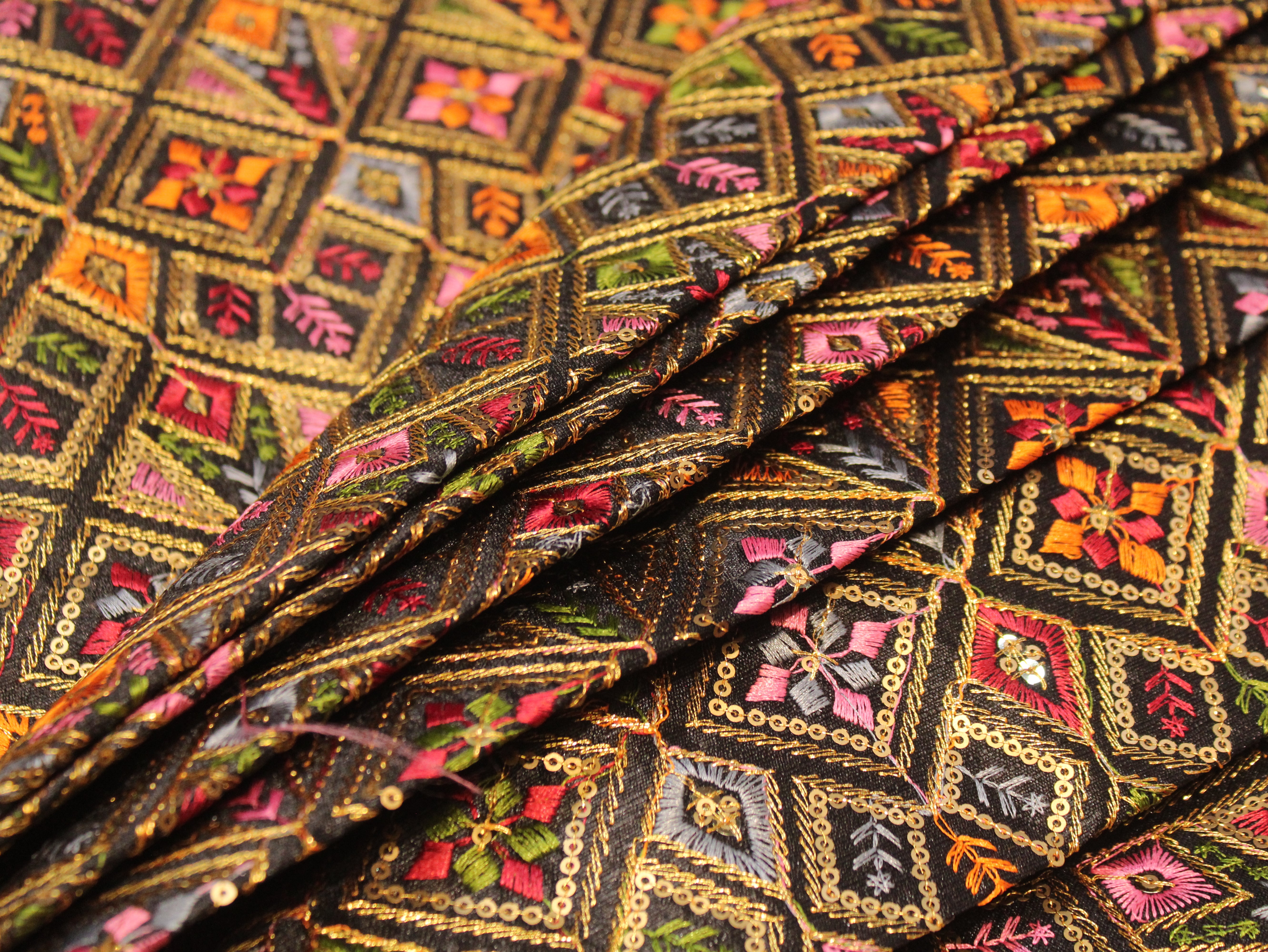 Dupion Silk Multi-Colour Thread Work Fabric - Black