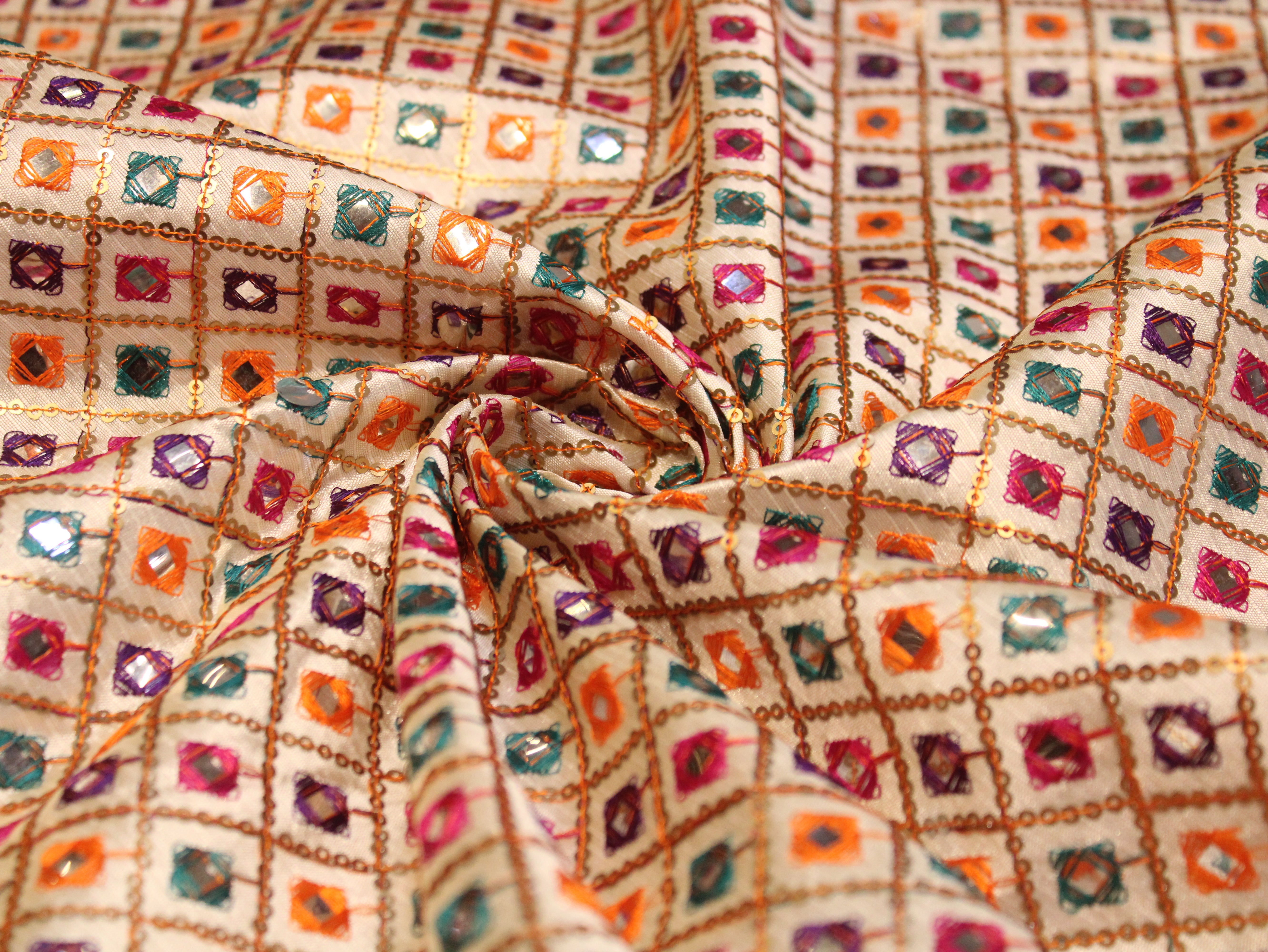 Dupion Silk Multi-Colour Thread Work Fabric