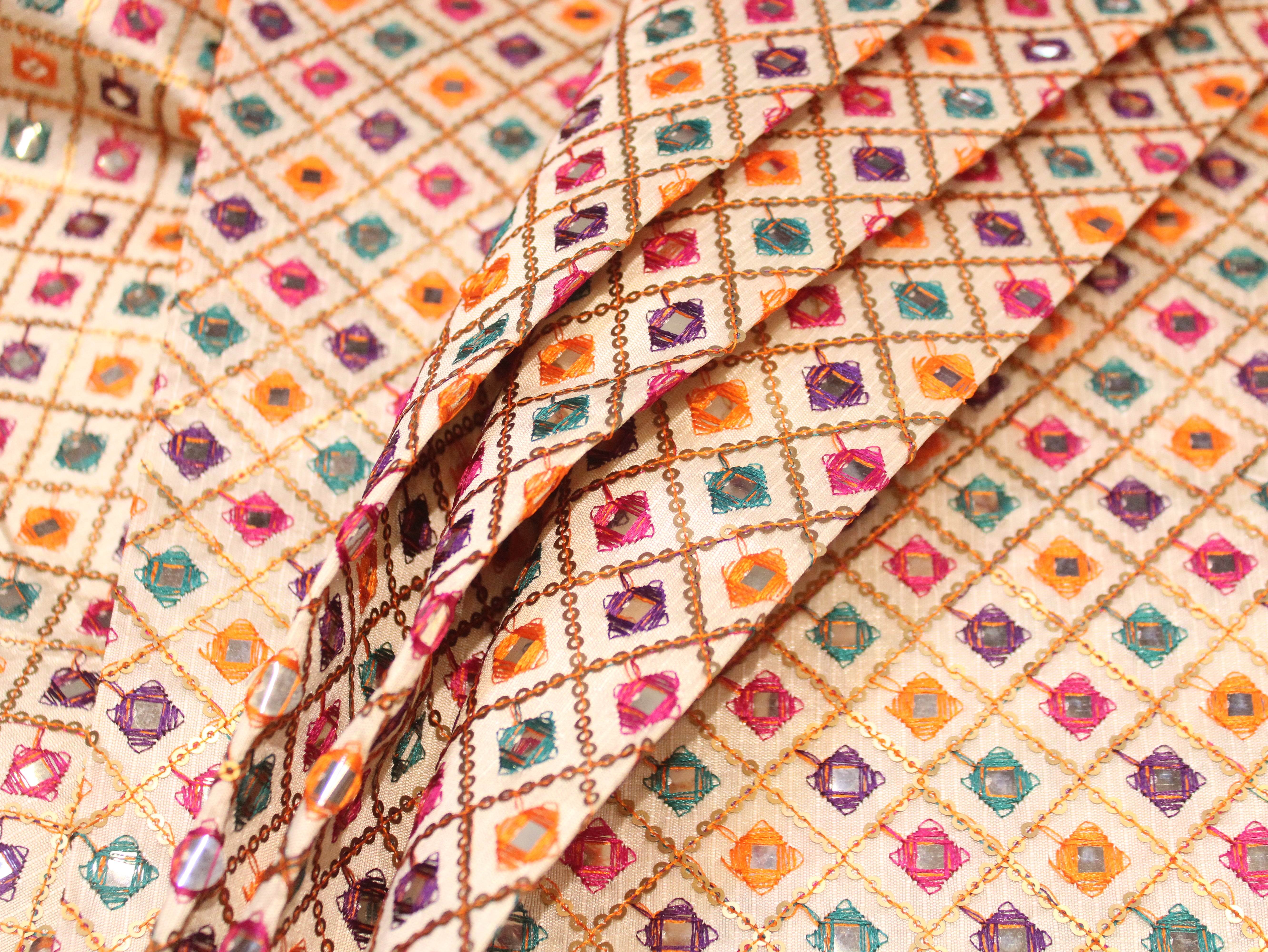Dupion Silk Multi-Colour Thread Work Fabric