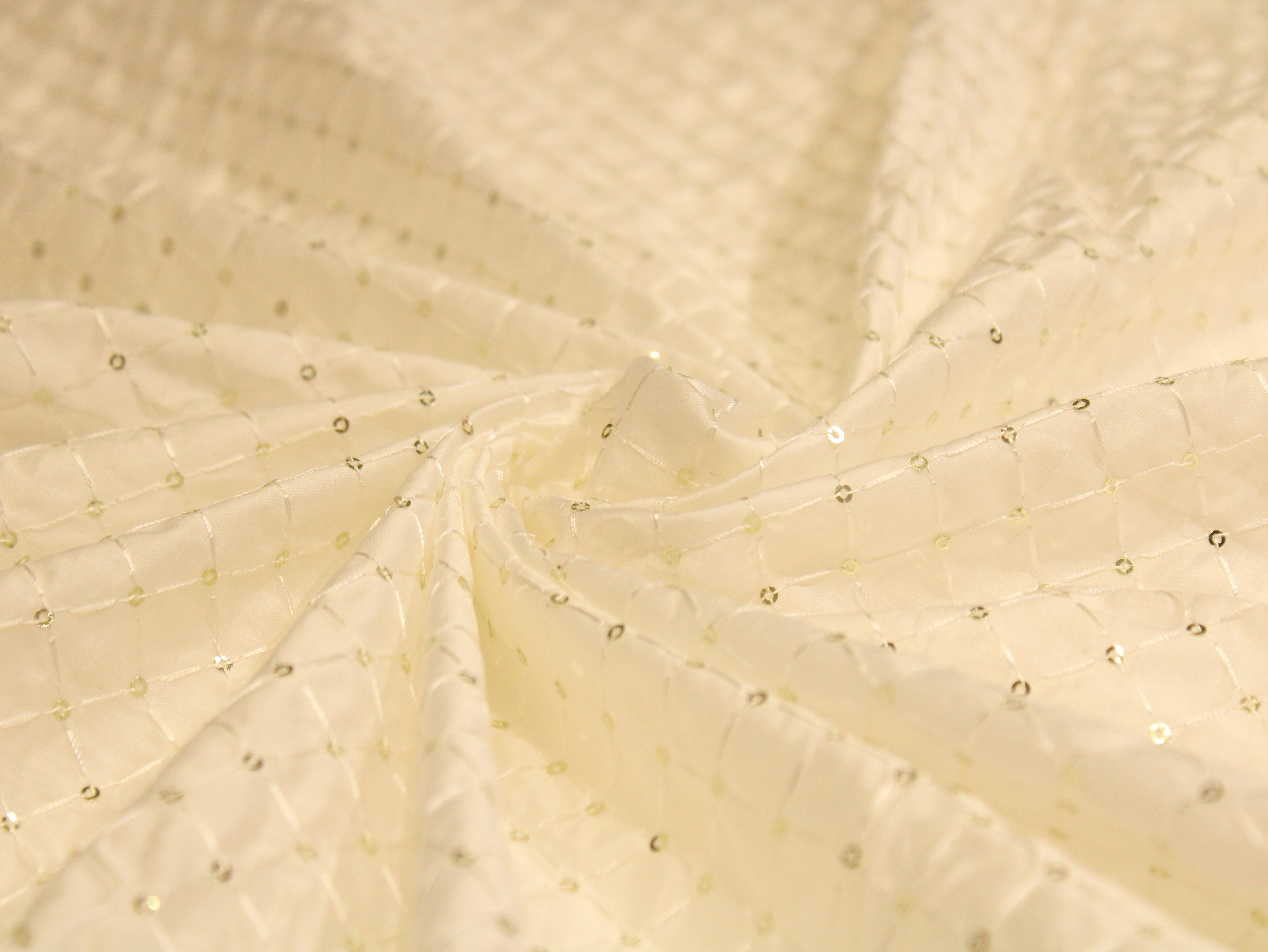 Chanderi Silk Thread & Sequin Box Work Fabric - White Dyeable - M'Foks