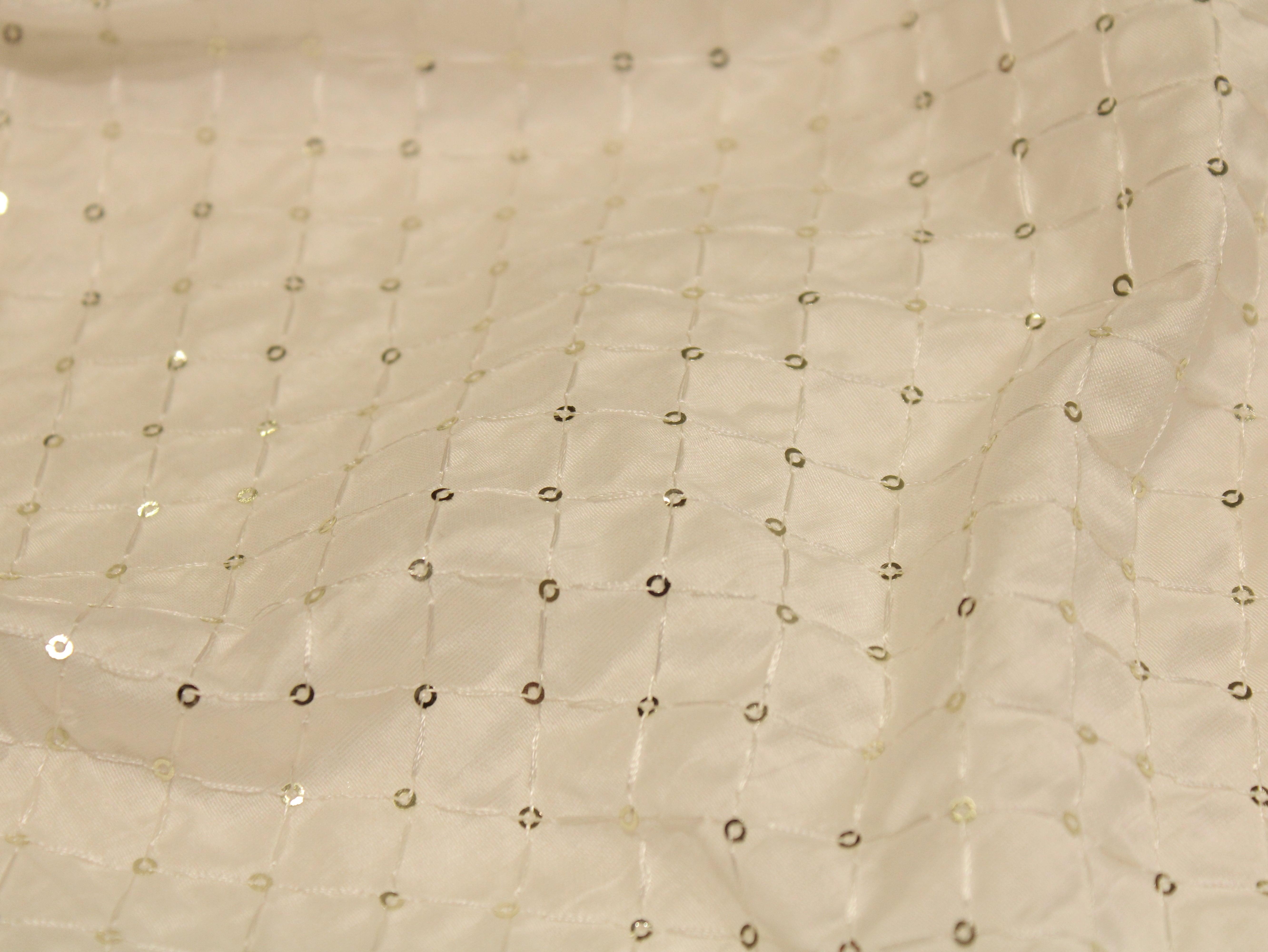 Chanderi Silk Thread & Sequin Box Work Fabric - White Dyeable - M'Foks