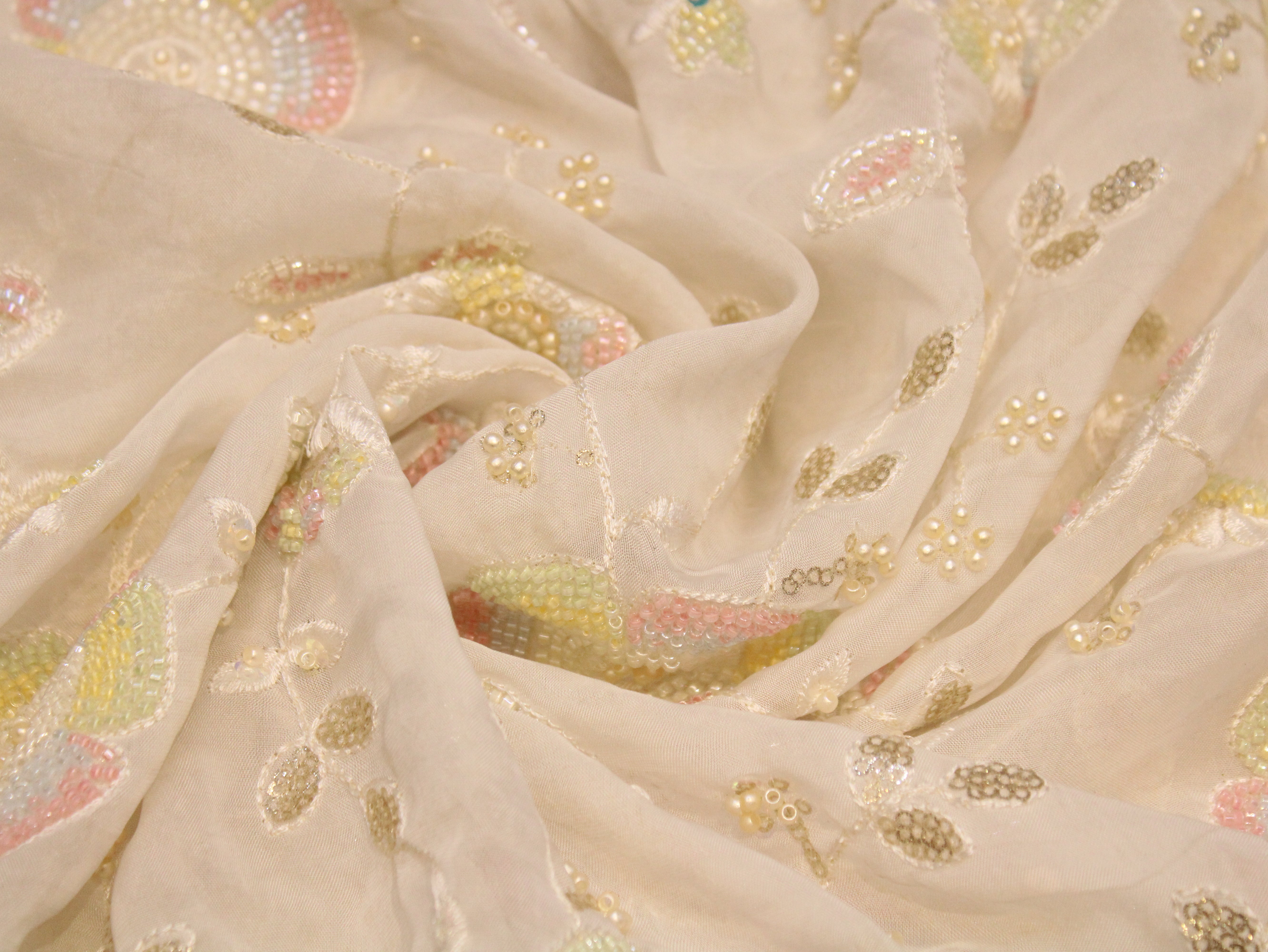 Premium Dyeable Organza Fabric with Pastel Floral Pearl Work