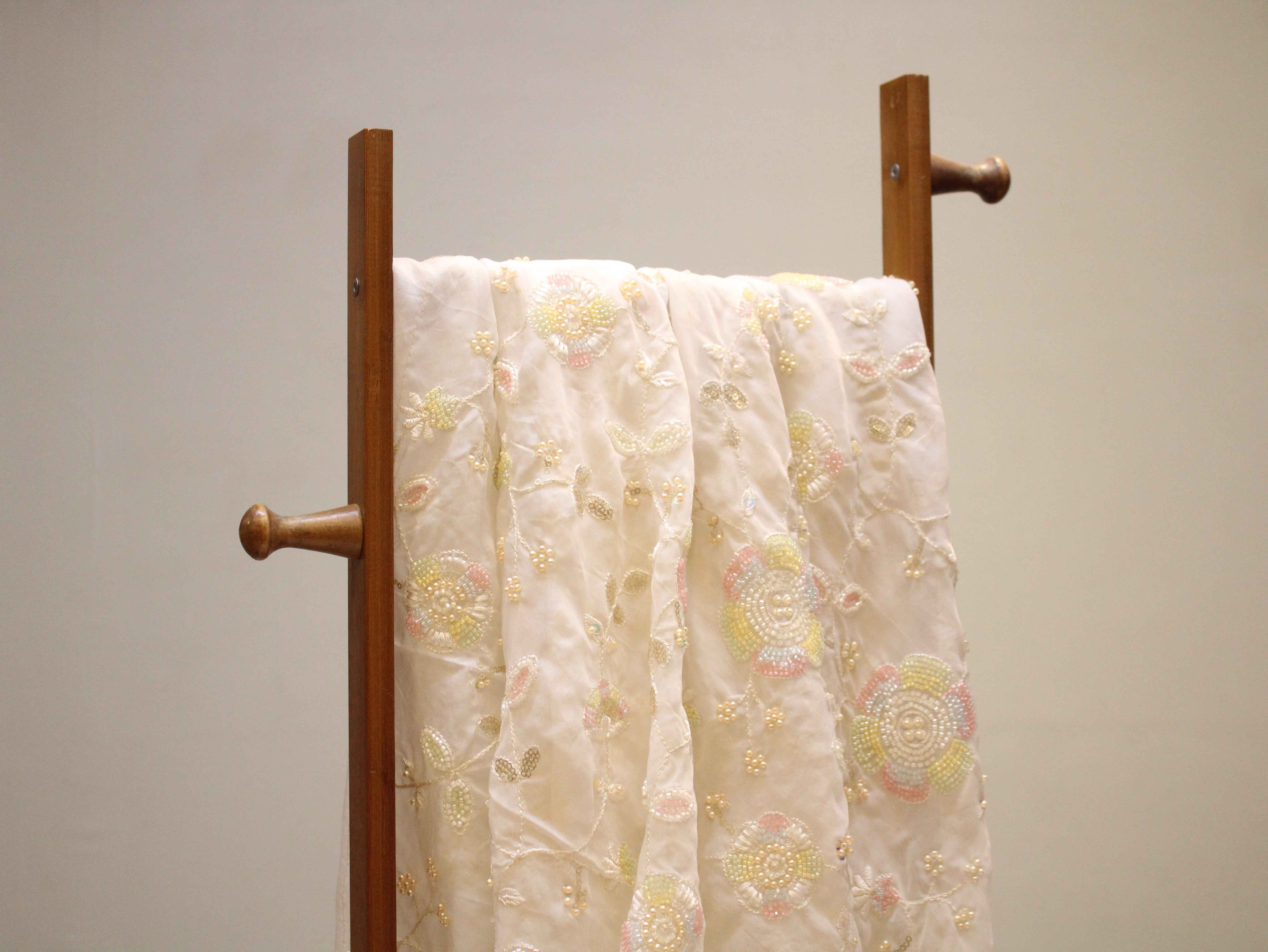 Premium Dyeable Organza Fabric with Pastel Floral Pearl Work