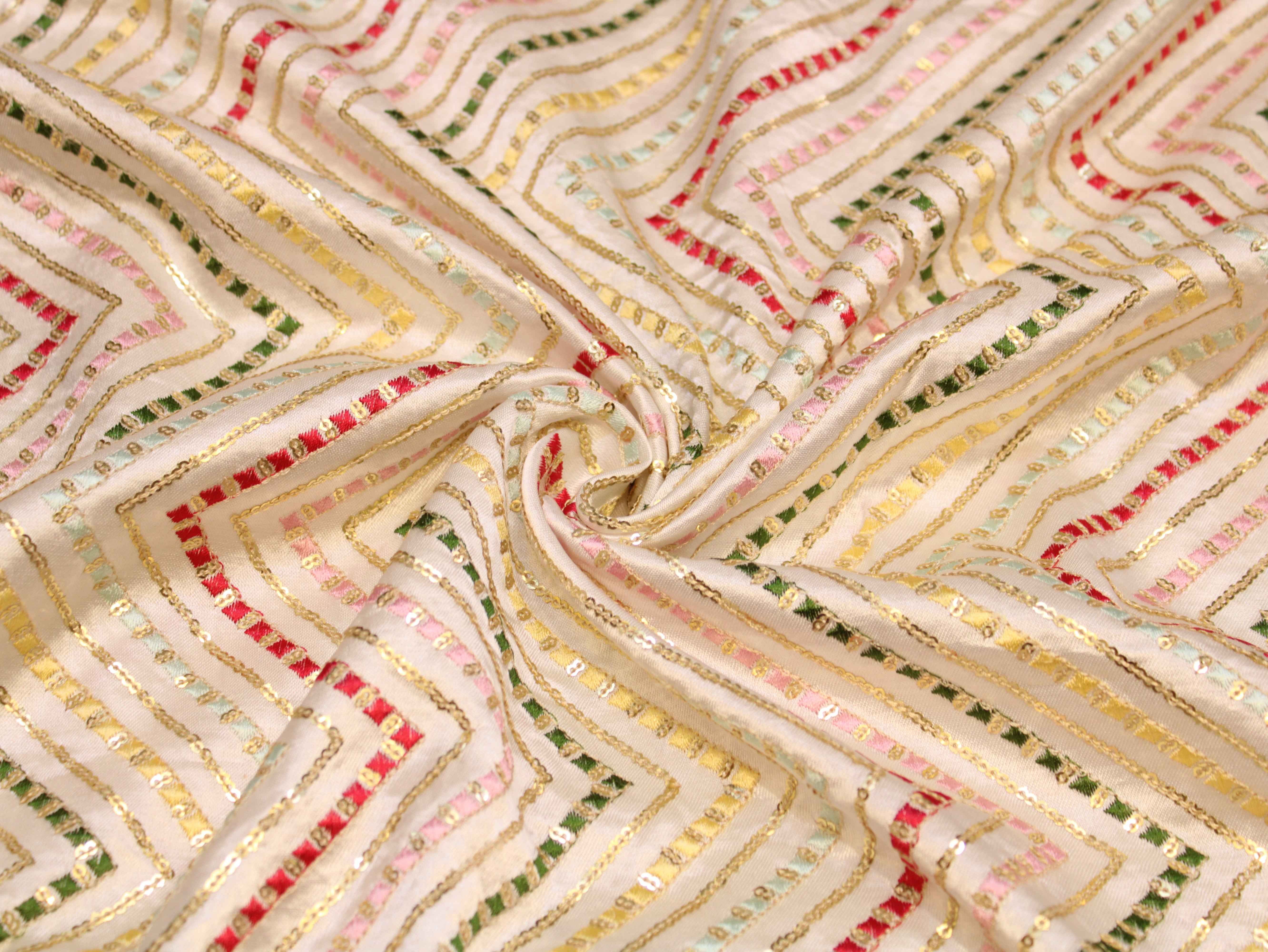 White Gaji Silk Multi-Colour Thread Work Fabric
