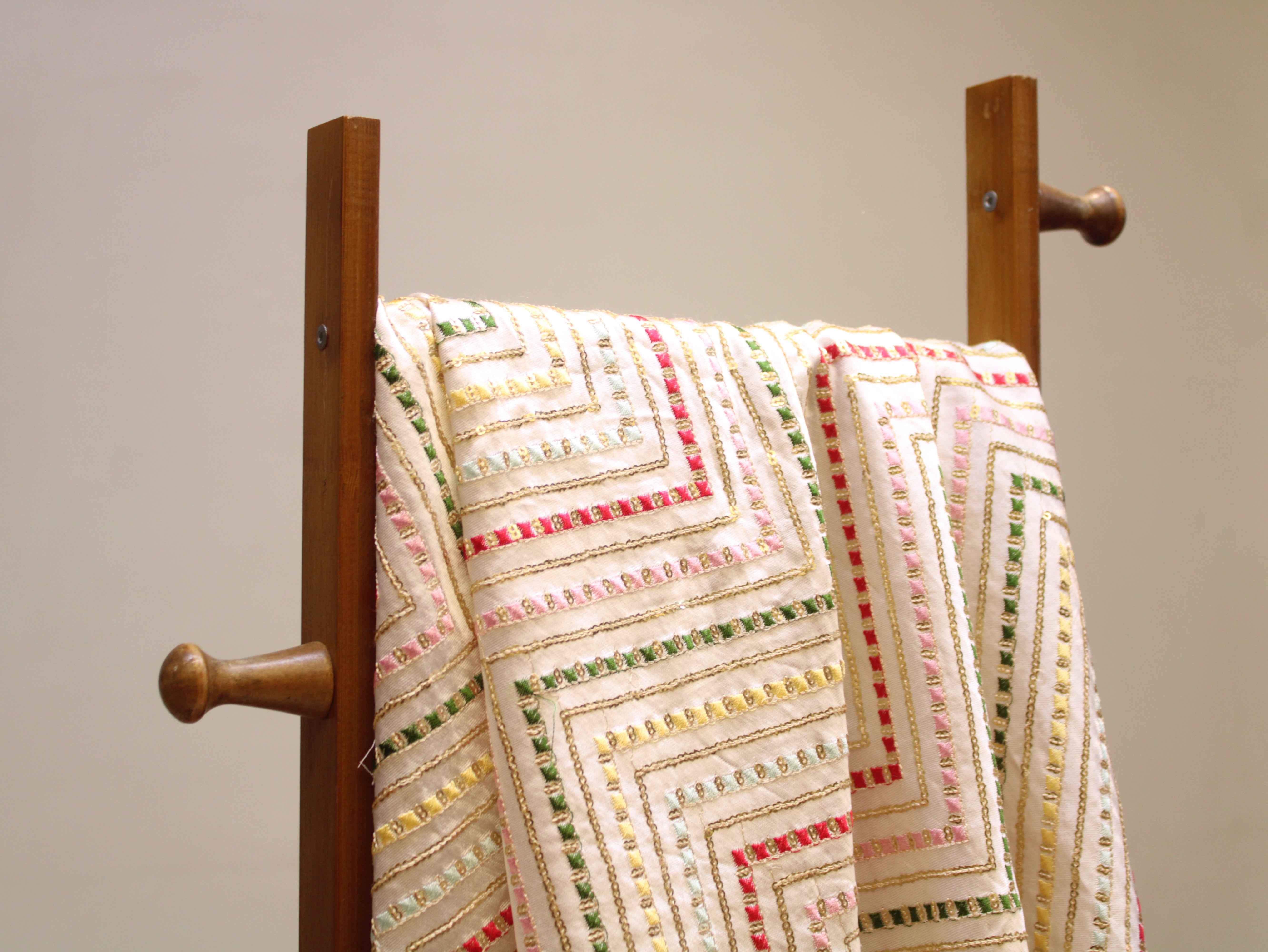 White Gaji Silk Multi-Colour Thread Work Fabric