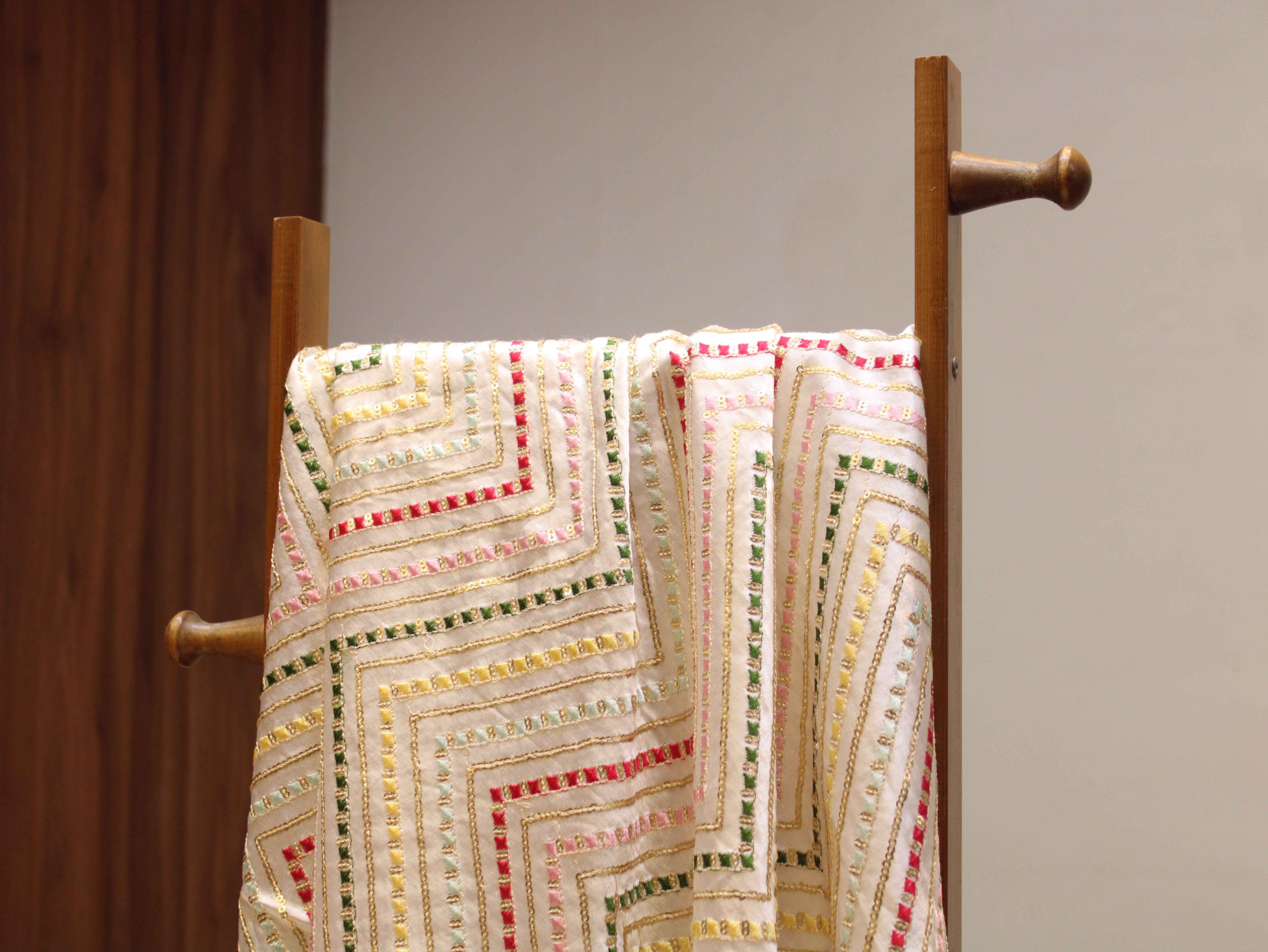 White Gaji Silk Multi-Colour Thread Work Fabric