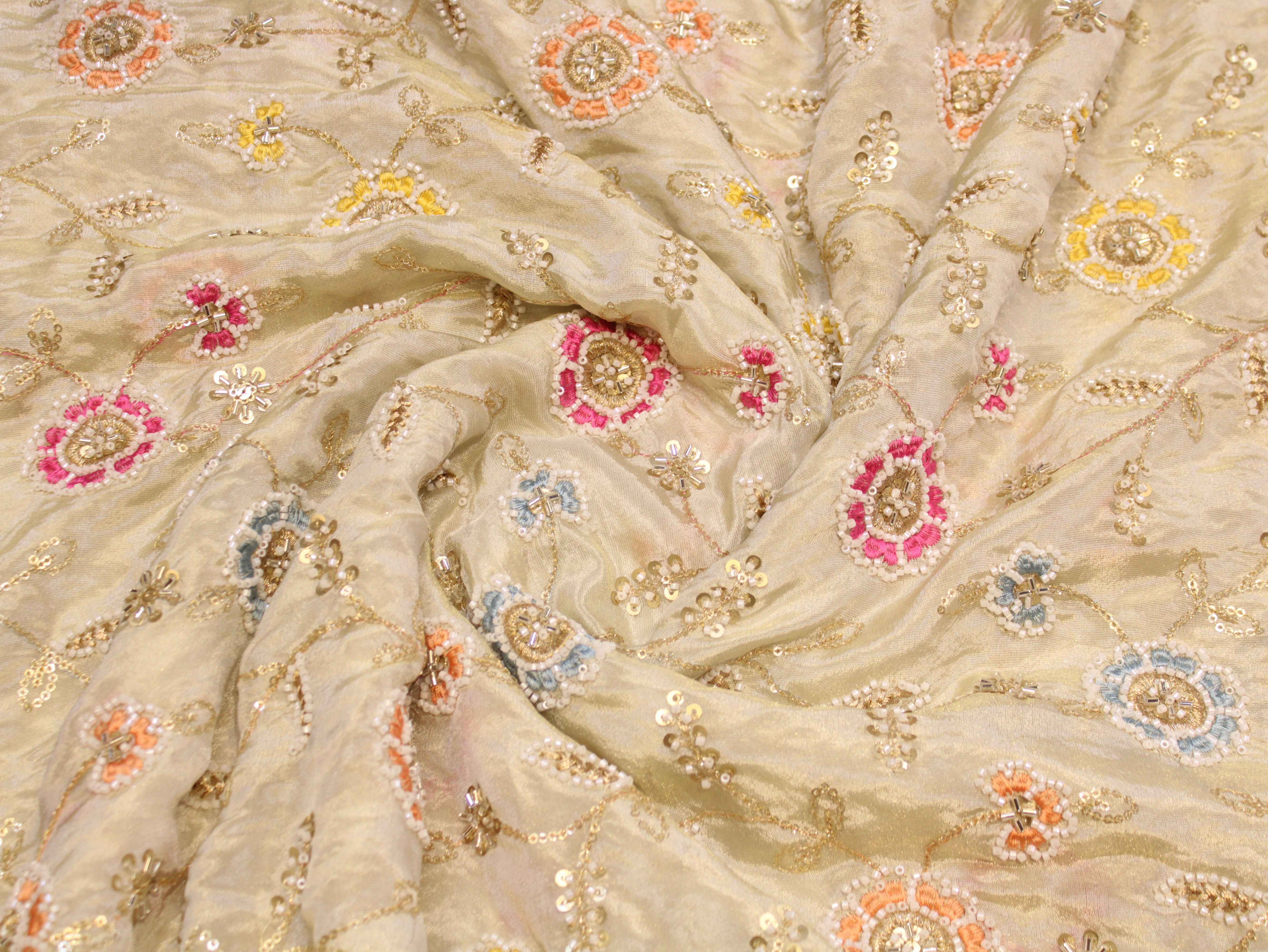 Ivory Tissue Fabric with Pearl, Bits Work & Thread Floral Embroidery