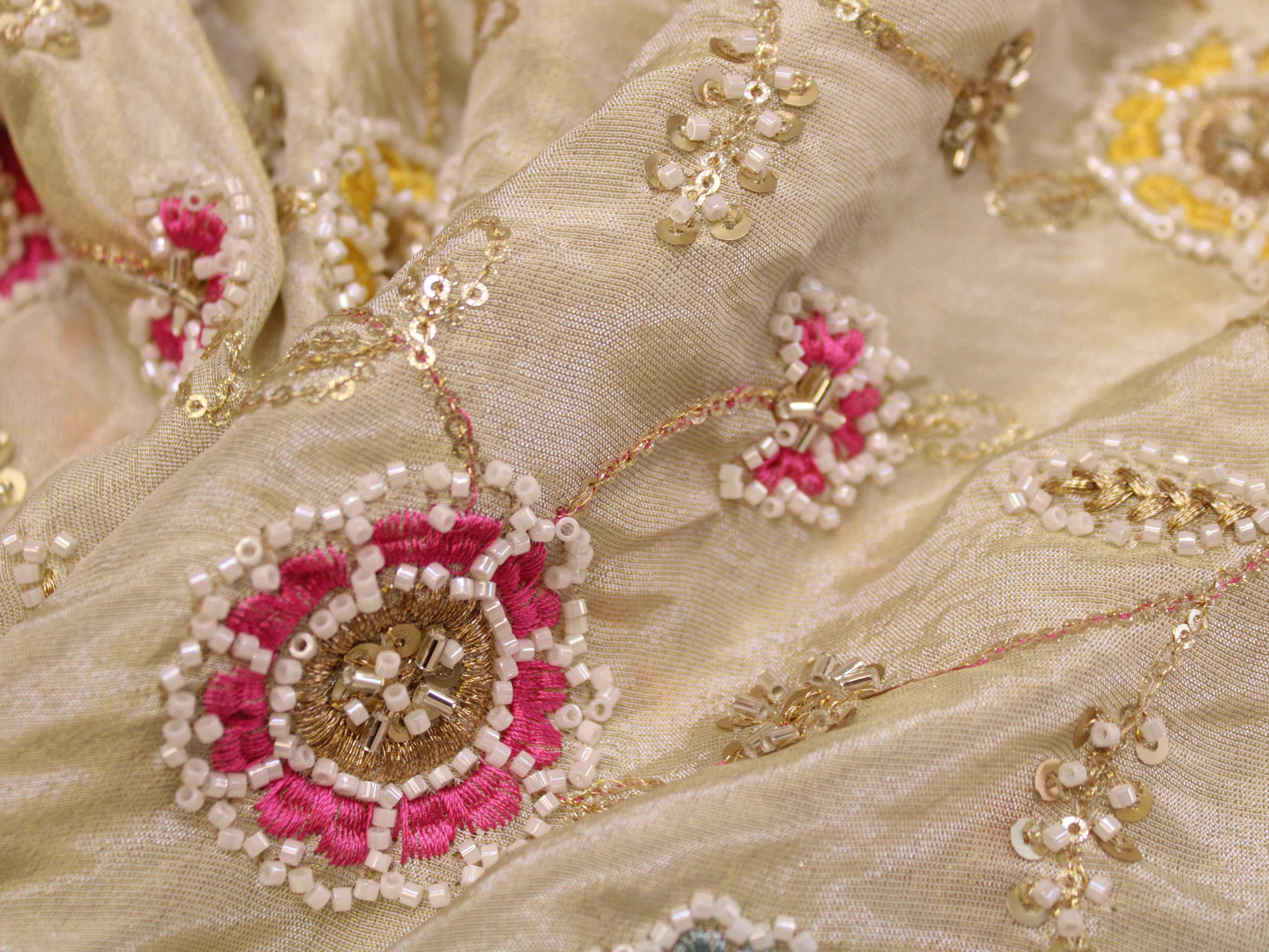 Ivory Tissue Fabric with Pearl, Bits Work & Thread Floral Embroidery