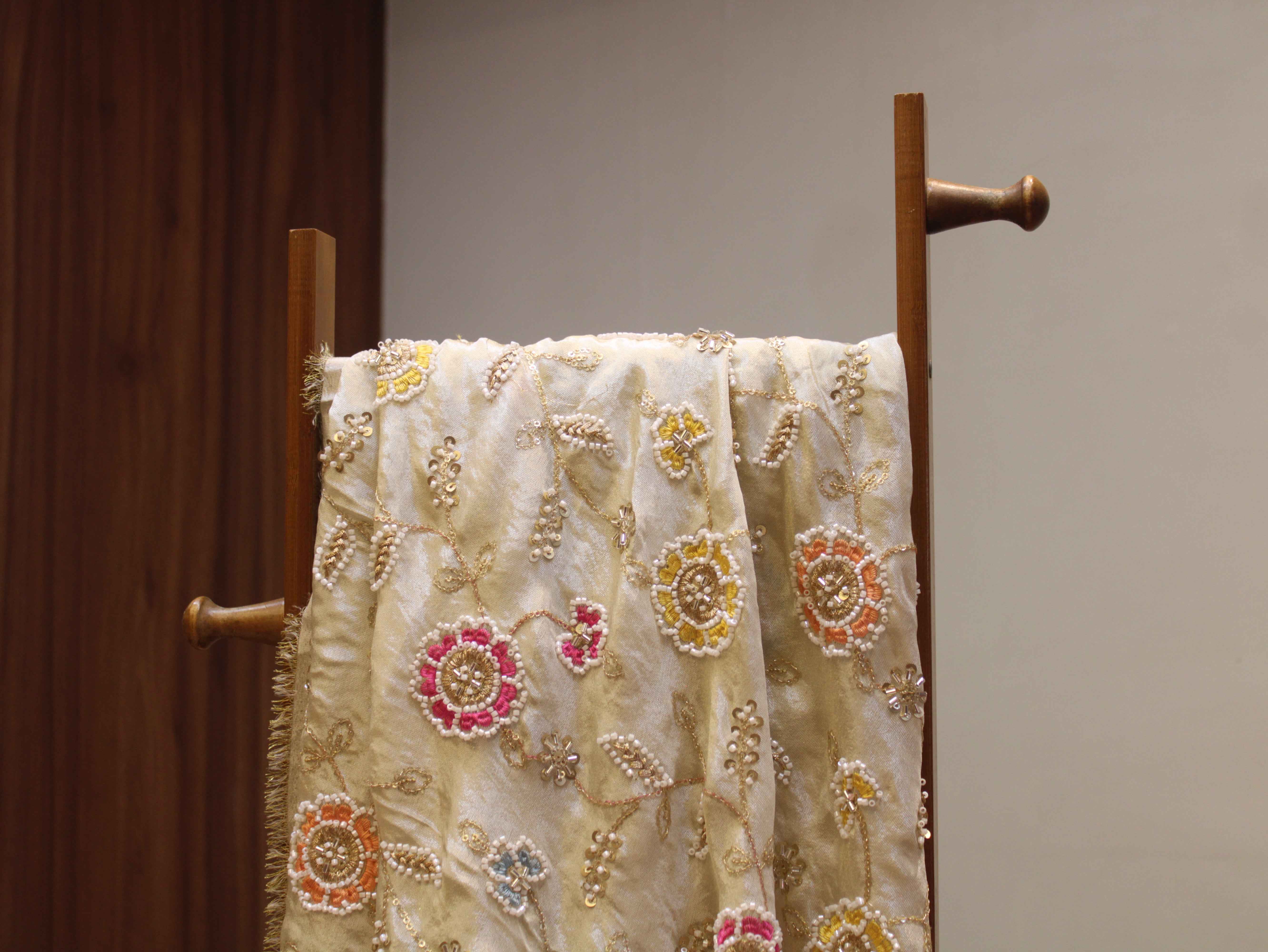 Ivory Tissue Fabric with Pearl, Bits Work & Thread Floral Embroidery