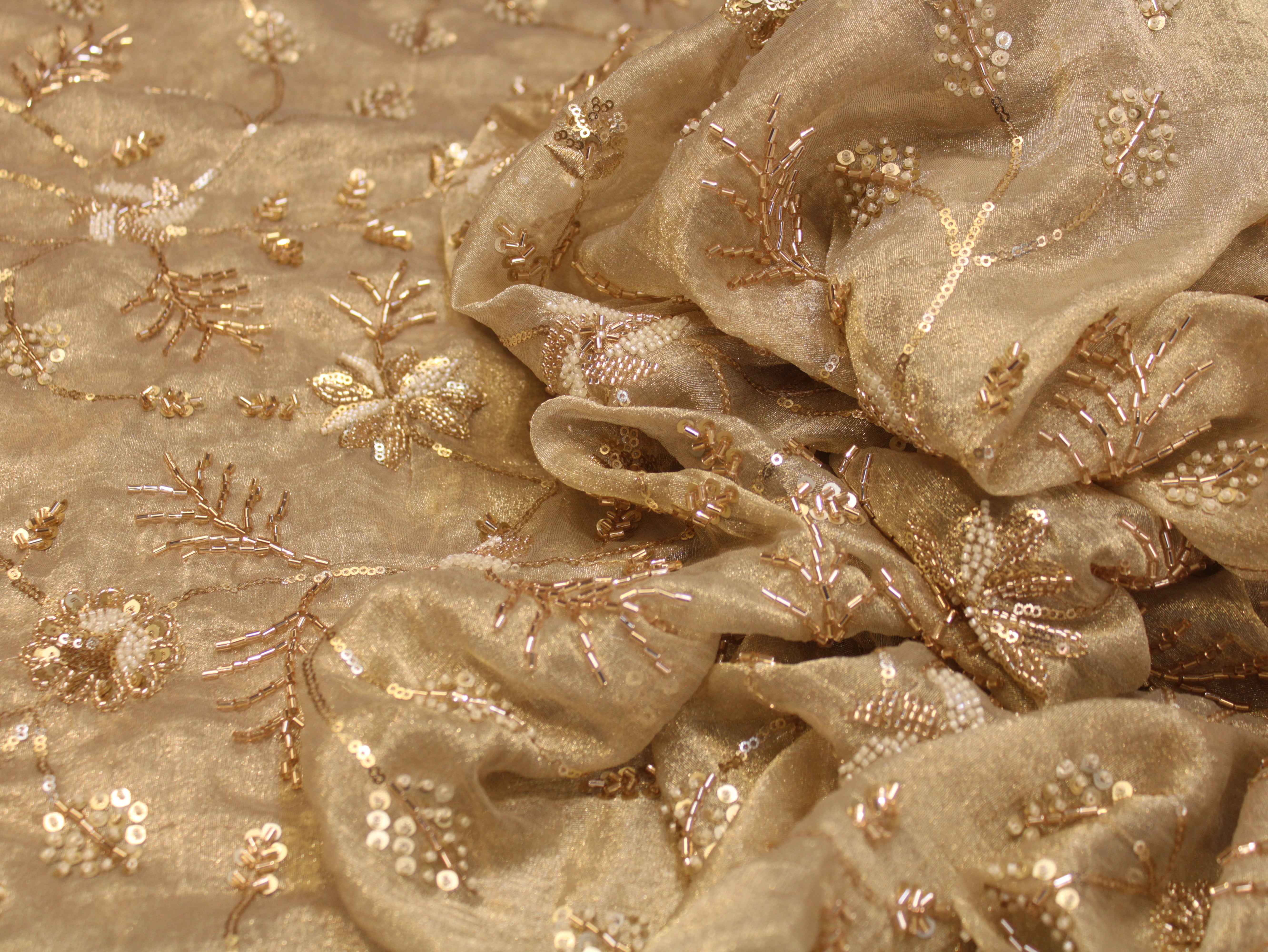 Pure Banarasi Tissue Fabric with Jaal, Bits & Pearl Work
