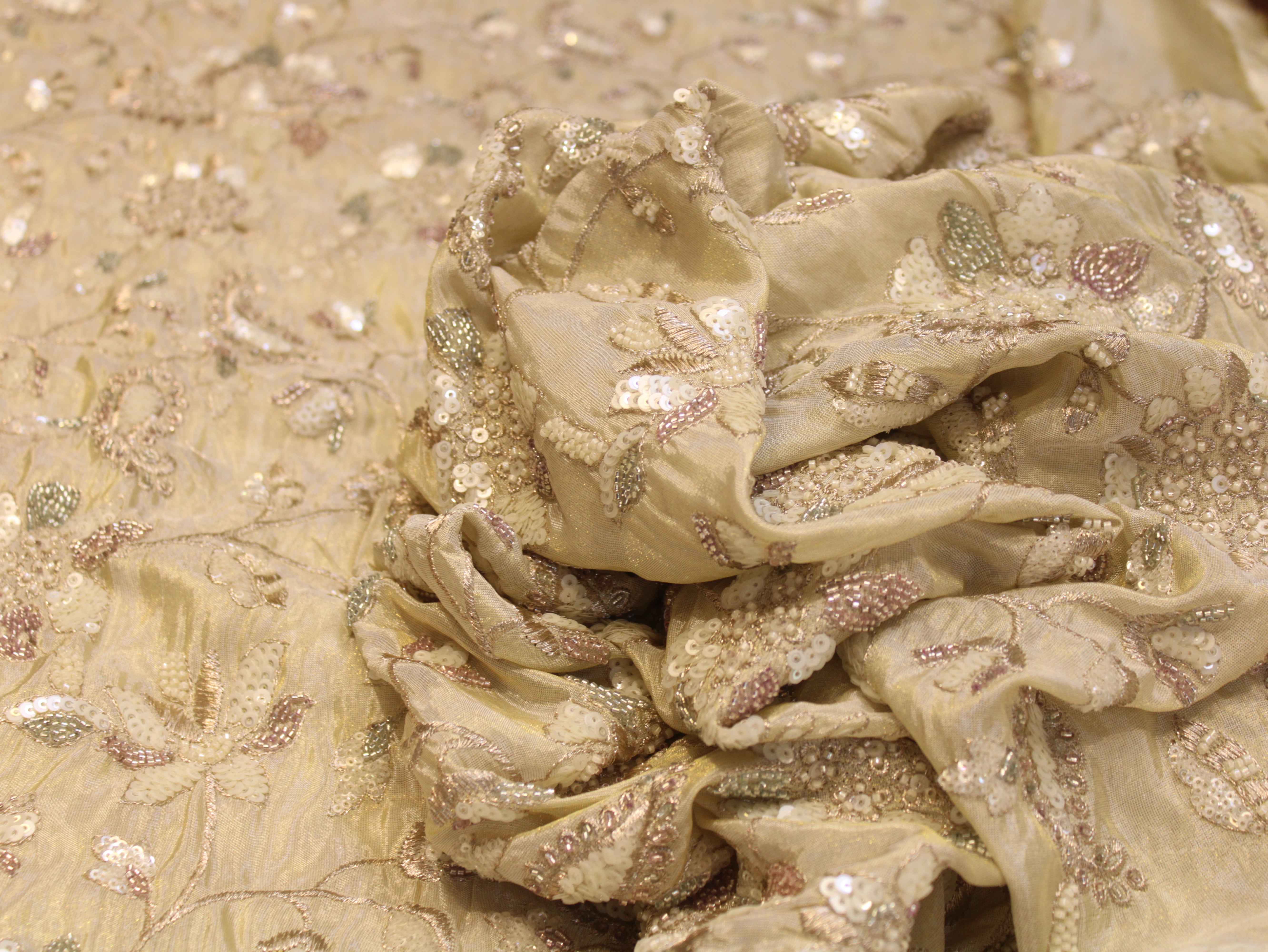 Pure Tissue Fabric with Jaal, Bits & Pearl Work