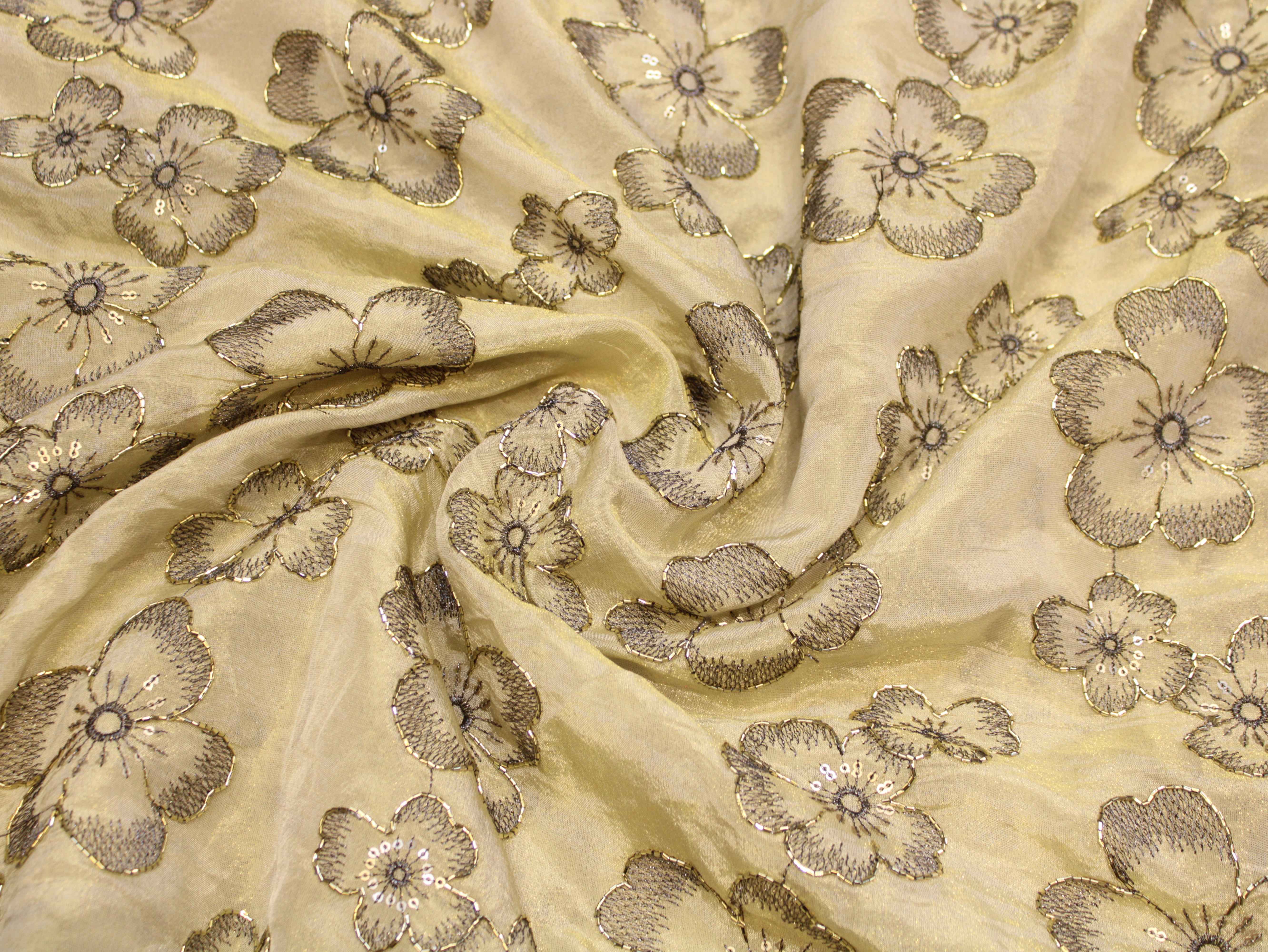 Premium Tissue Fabric with Thread & Semi Bits Floral Work - Ivory