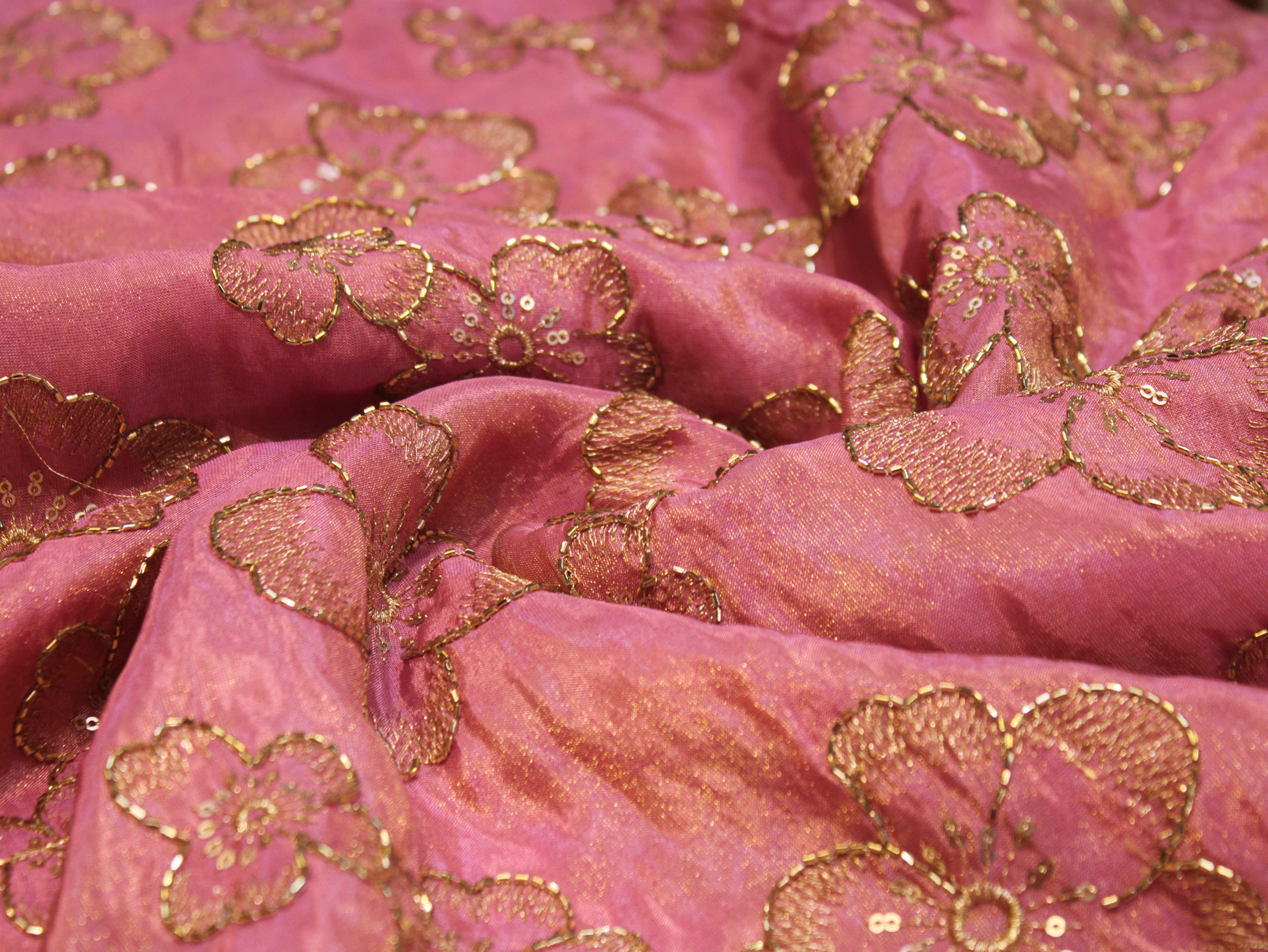 Premium Tissue Fabric with Thread & Semi Bits Floral Work - Pink