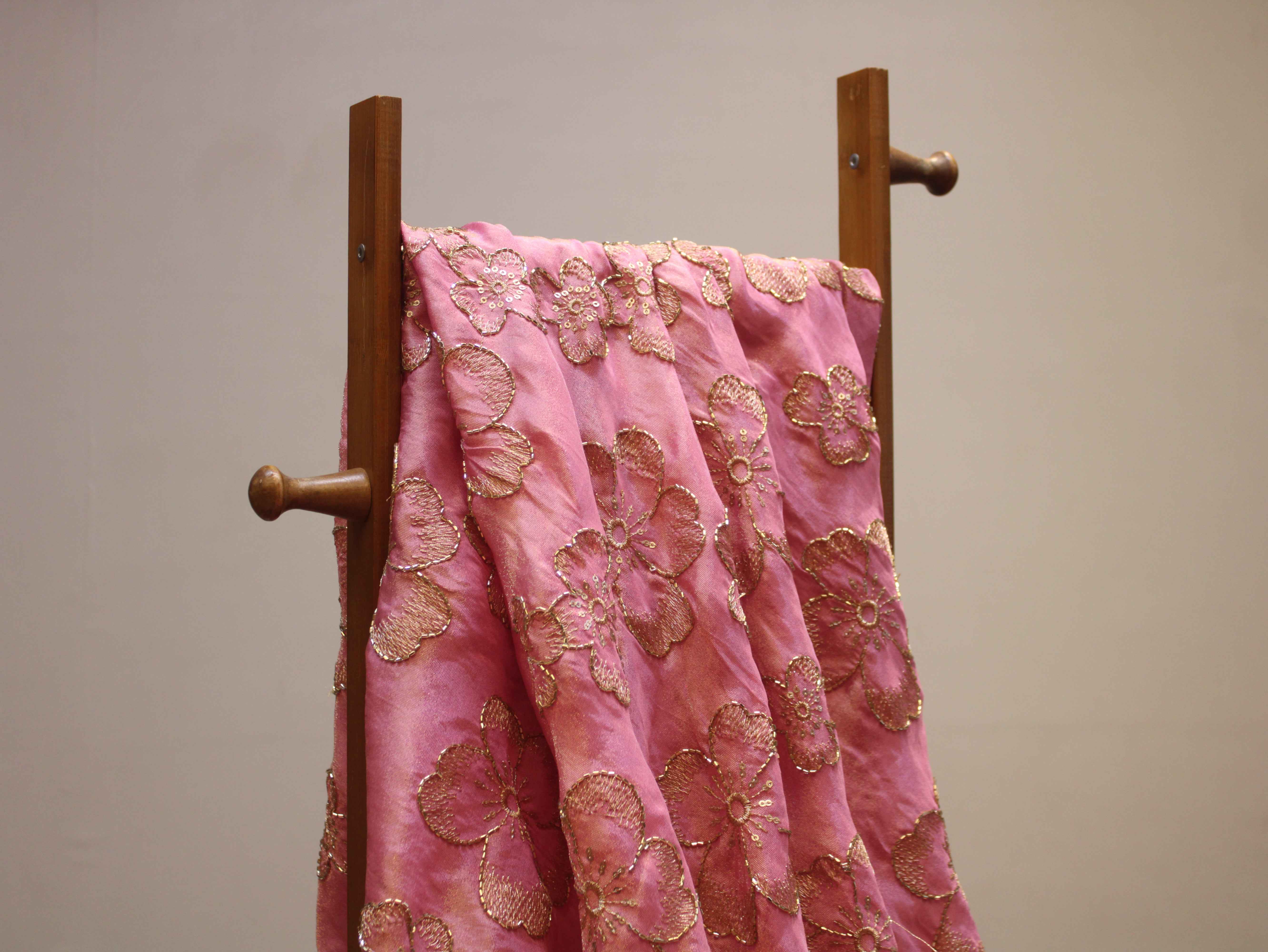 Premium Tissue Fabric with Thread & Semi Bits Floral Work - Pink