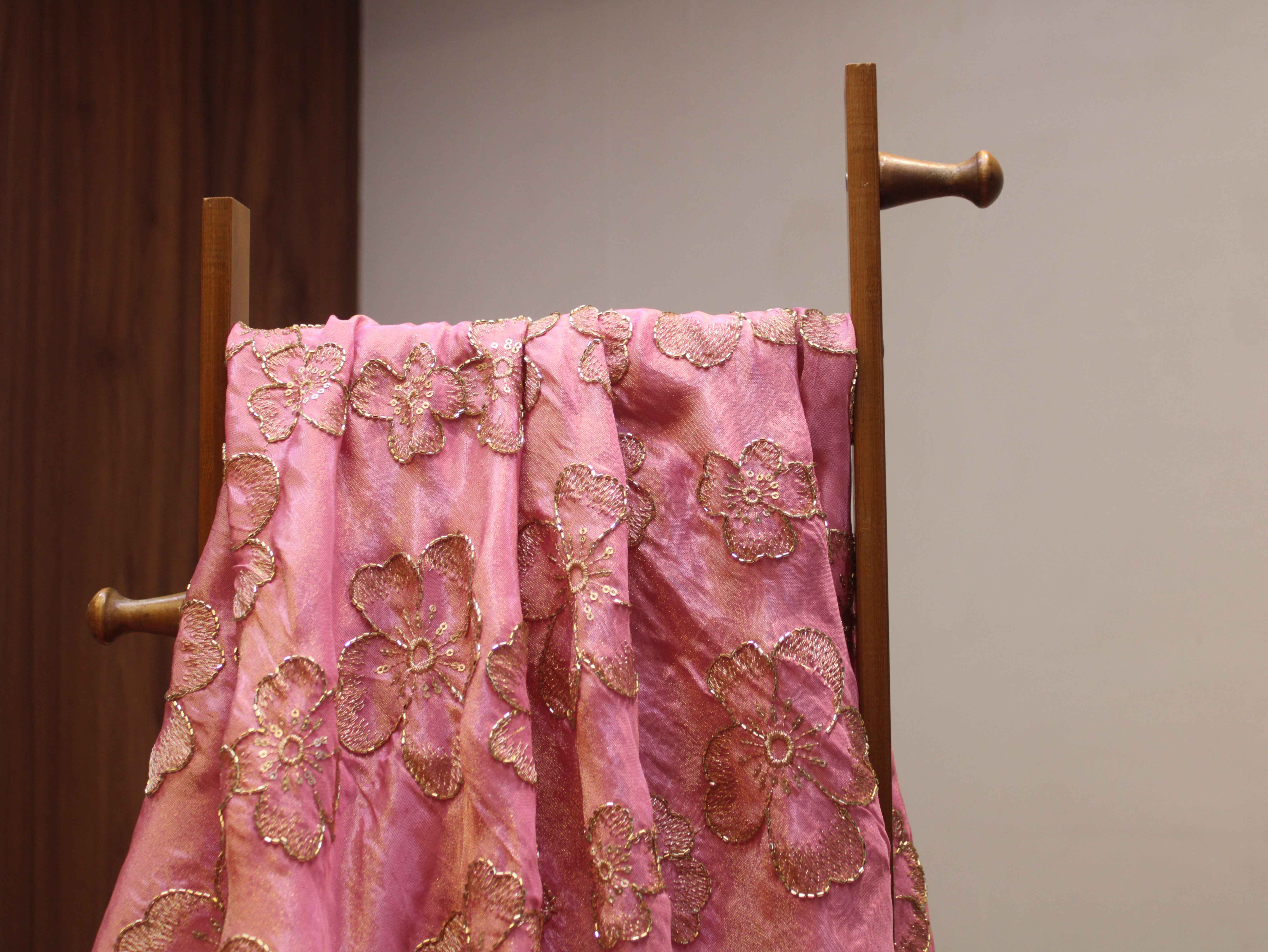 Premium Tissue Fabric with Thread & Semi Bits Floral Work - Pink