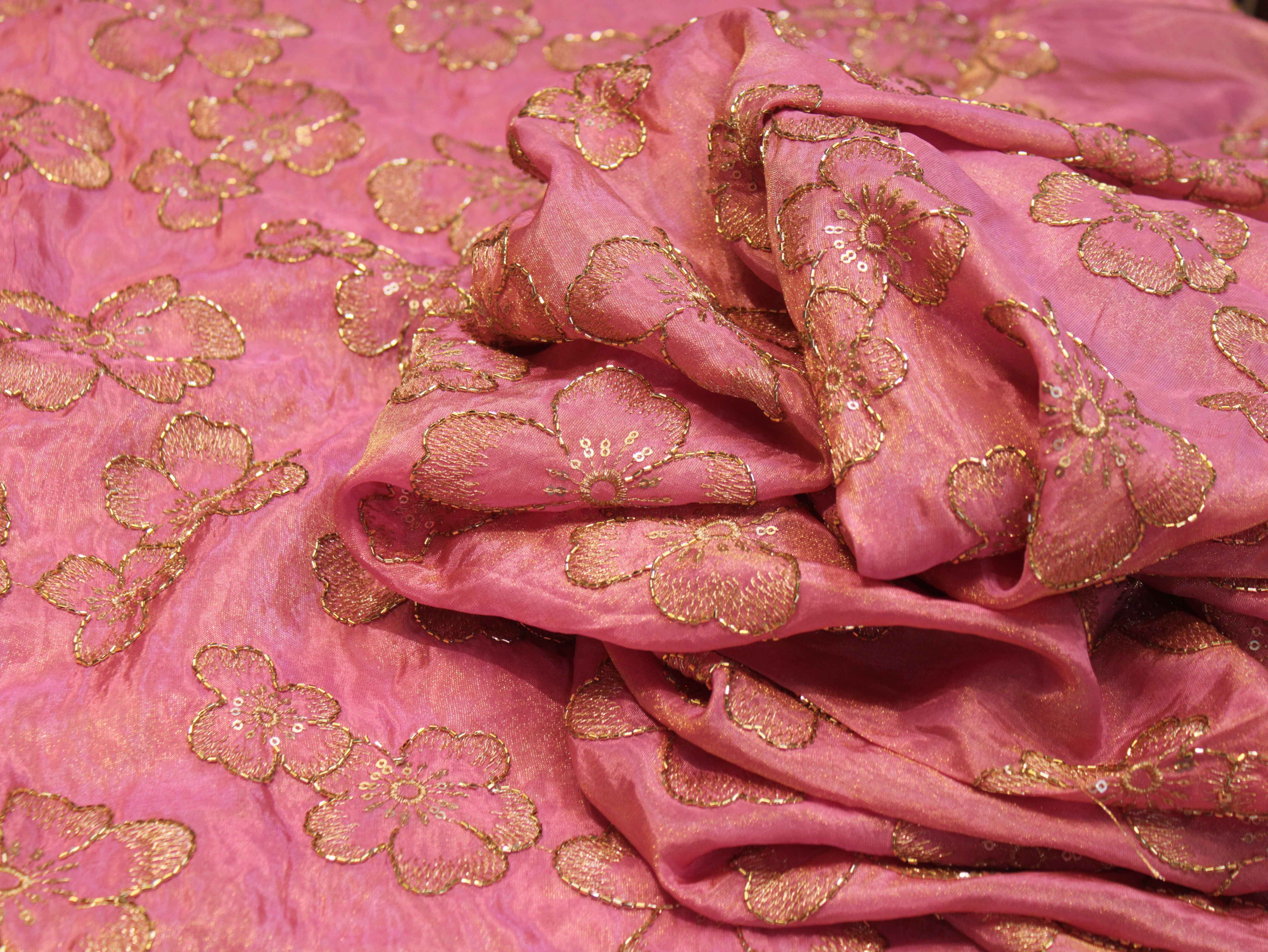 Premium Tissue Fabric with Thread & Semi Bits Floral Work - Pink