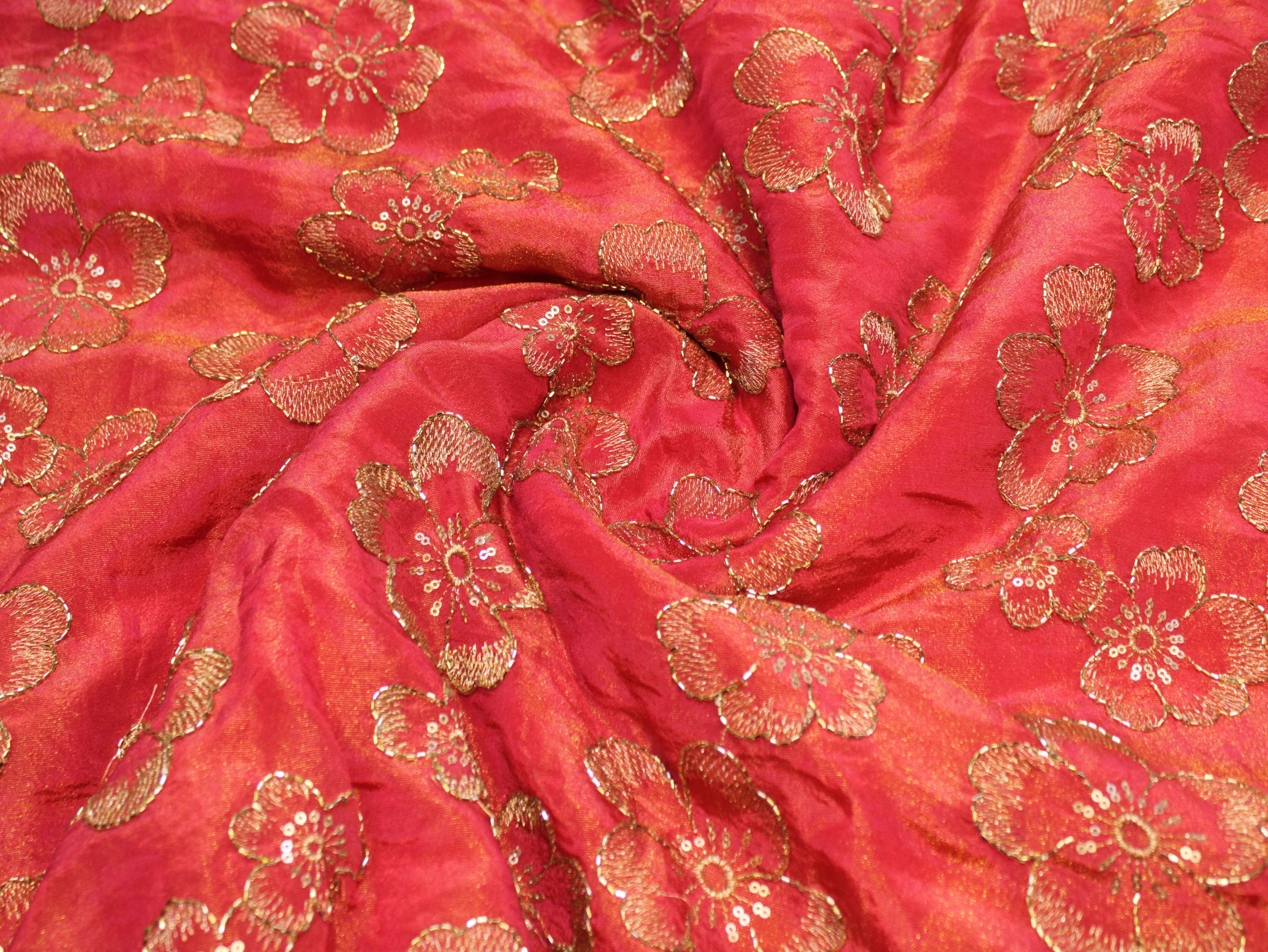 Premium Tissue Fabric with Thread & Semi Bits Floral Work - Dark Peach