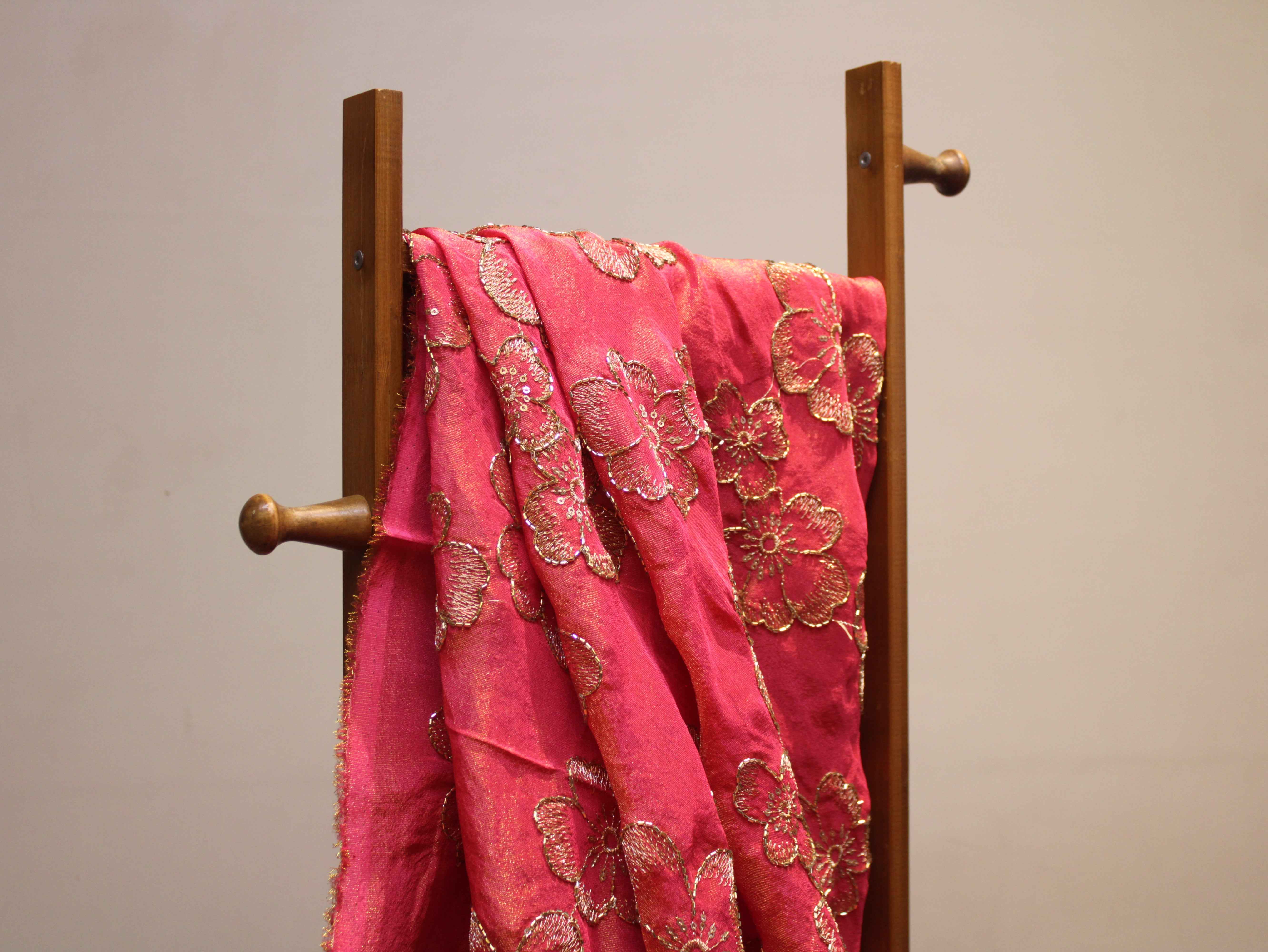 Premium Tissue Fabric with Thread & Semi Bits Floral Work - Dark Peach