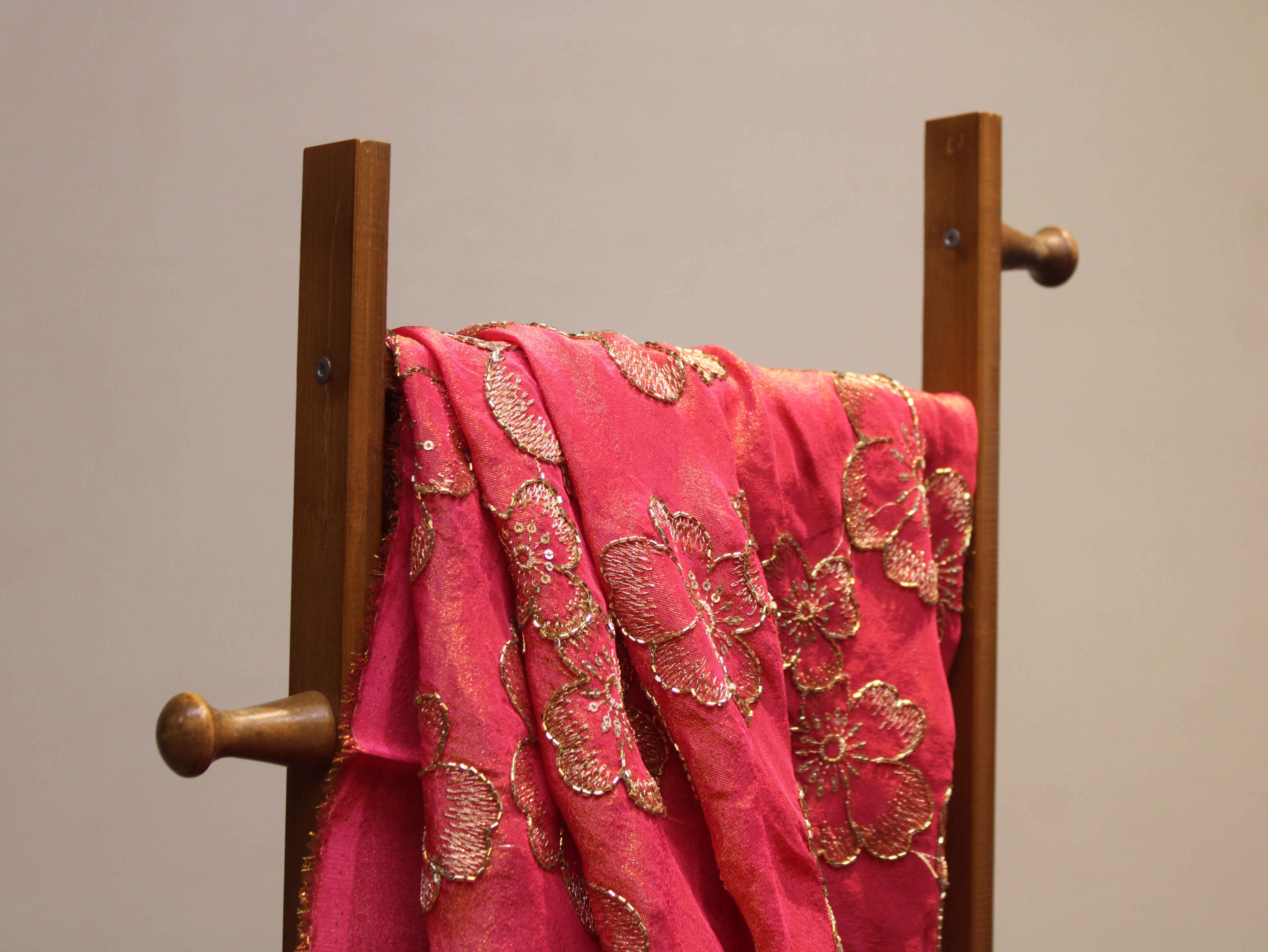 Premium Tissue Fabric with Thread & Semi Bits Floral Work - Dark Peach