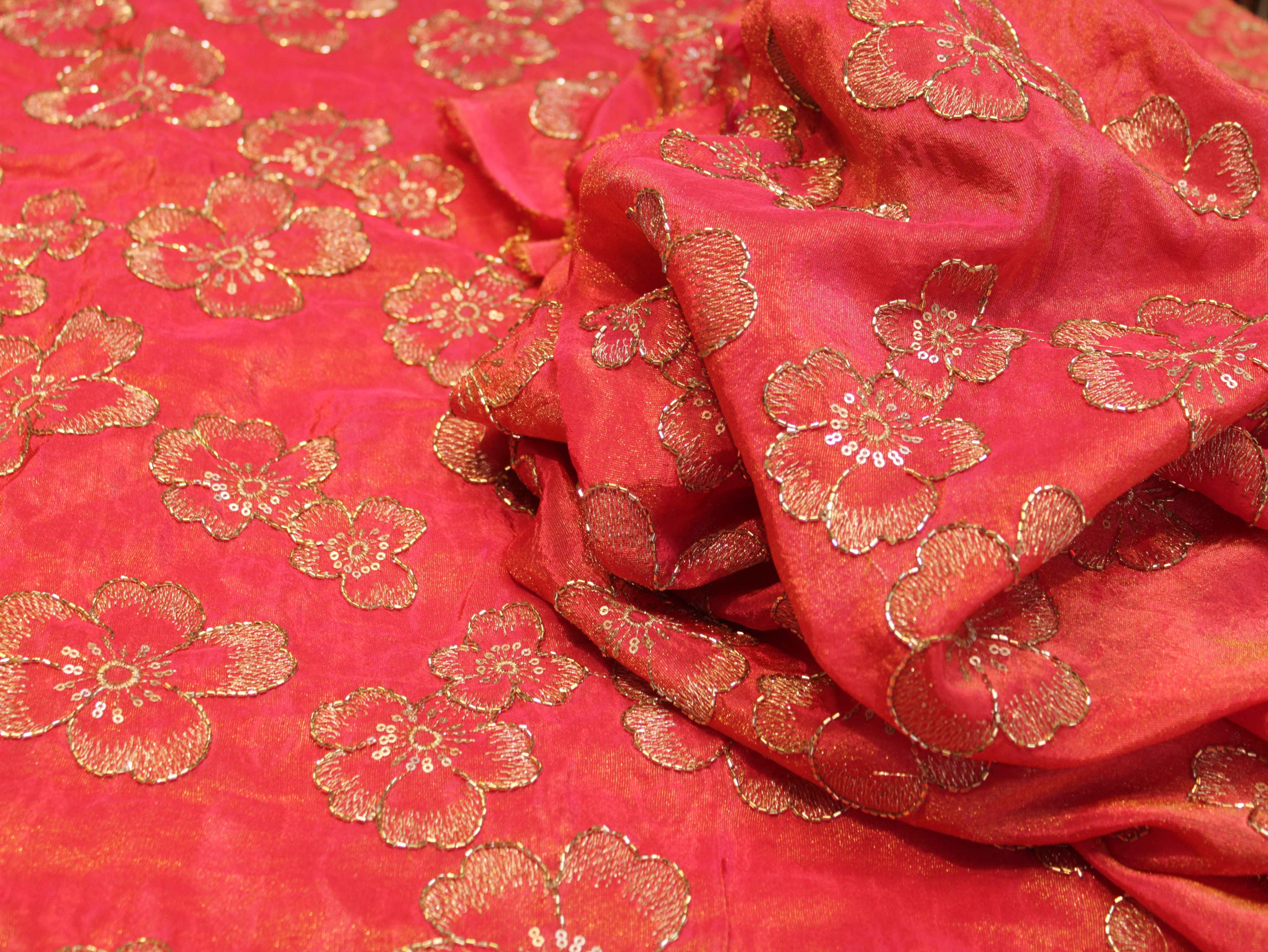 Premium Tissue Fabric with Thread & Semi Bits Floral Work - Dark Peach