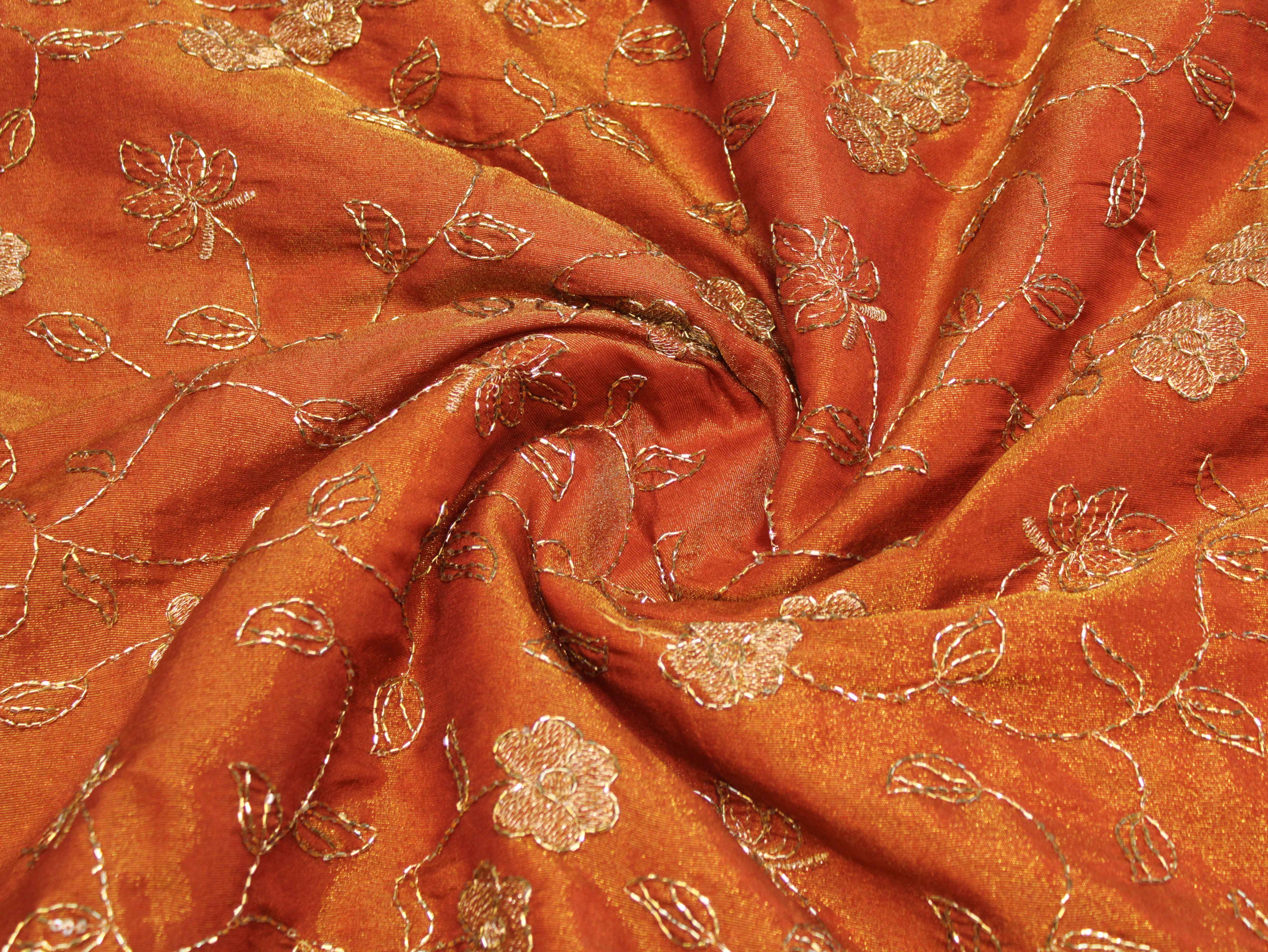 Premium Tissue Fabric with Thread & Semi Bits Floral Work - Rust Orange