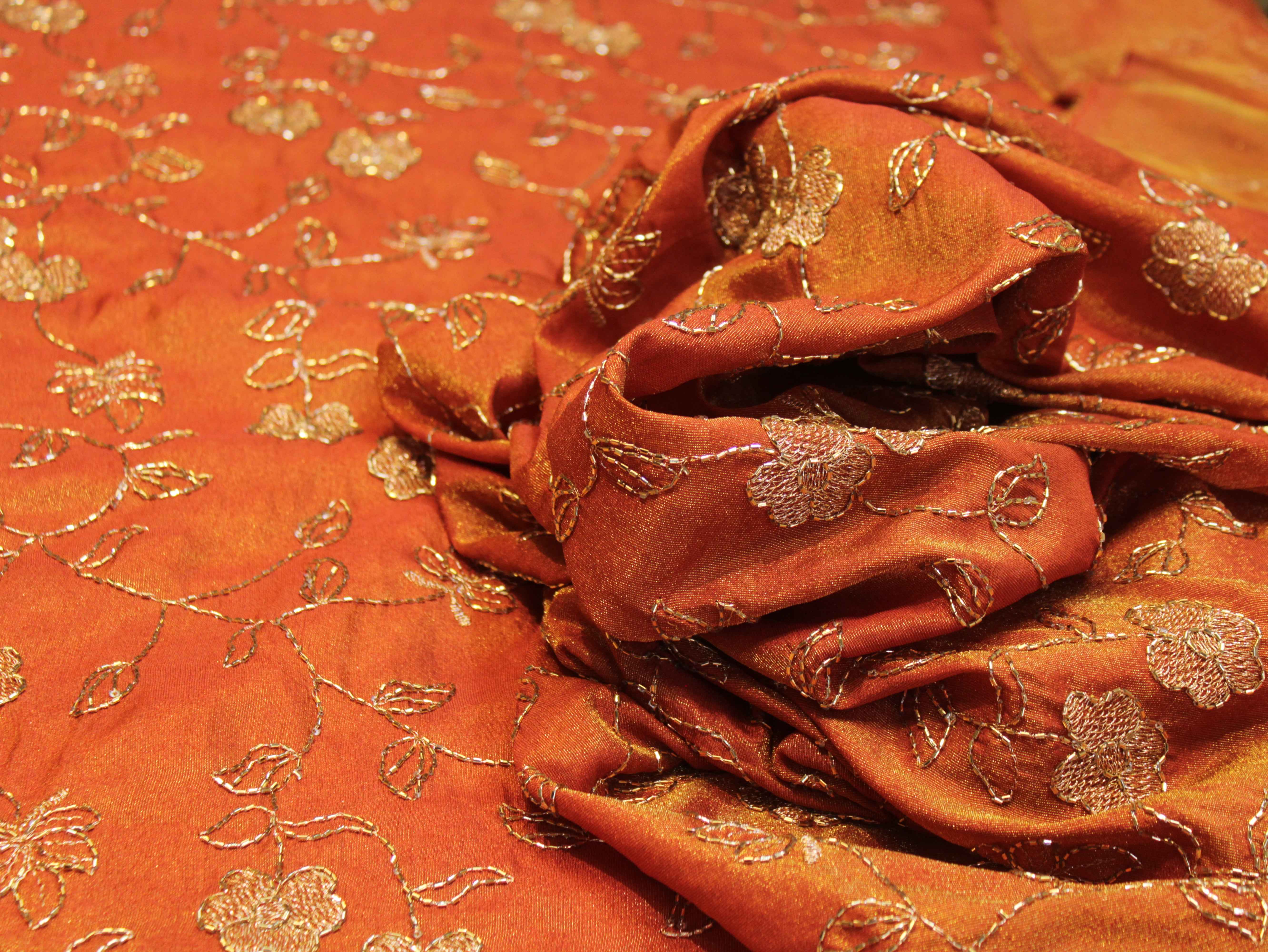 Premium Tissue Fabric with Thread & Semi Bits Floral Work - Rust Orange
