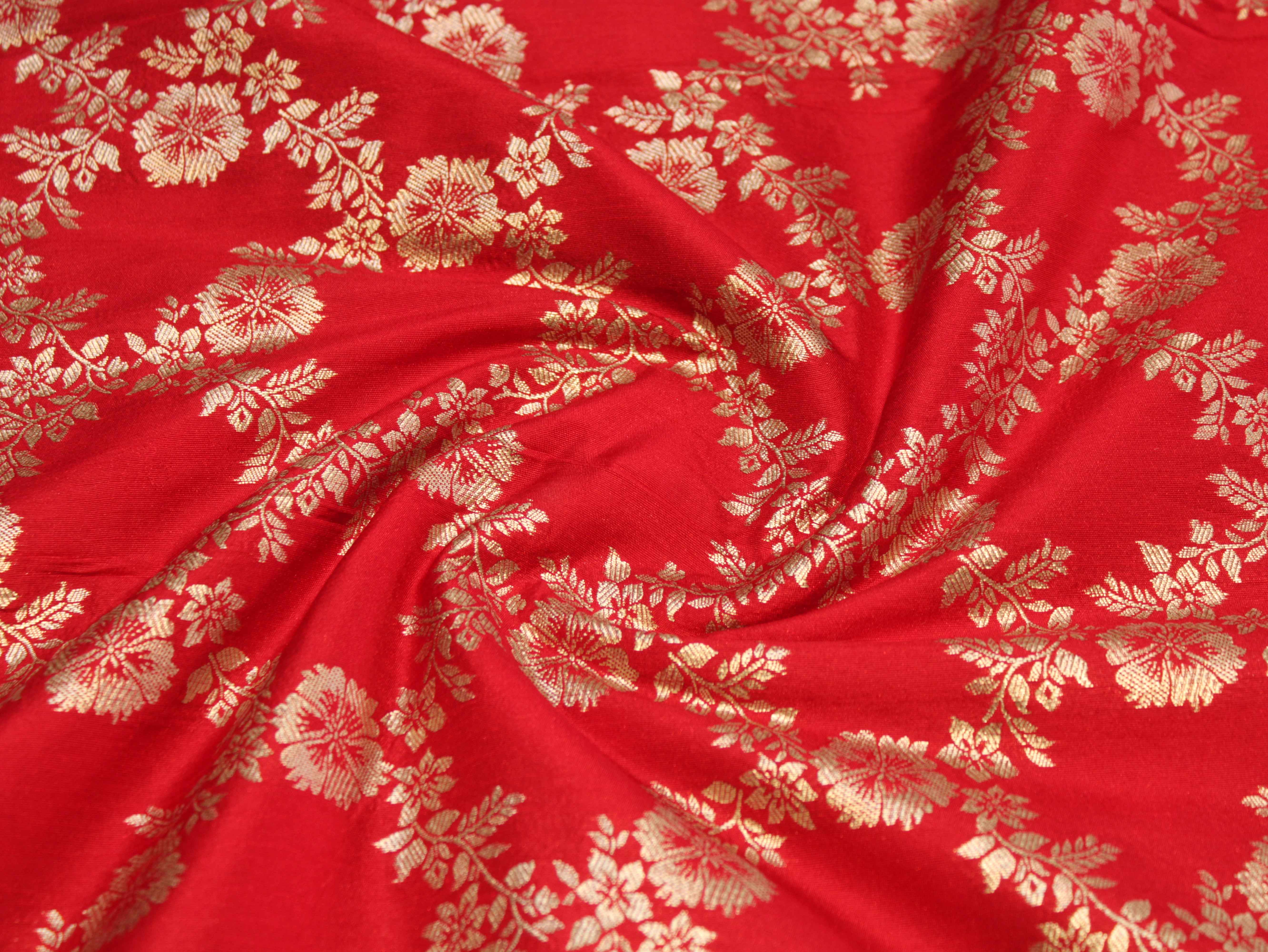 Katan Silk Brocade Fabric - Red