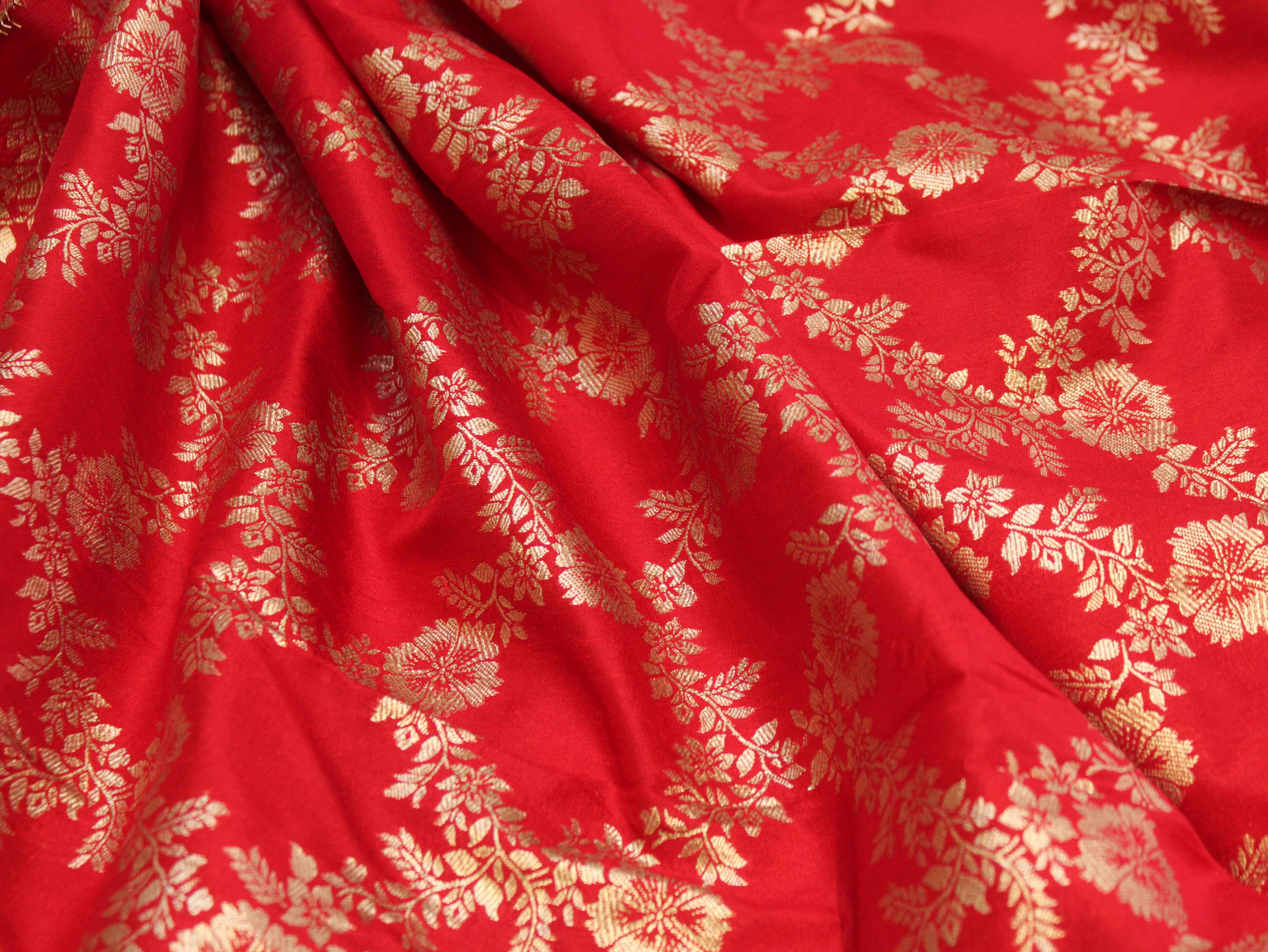 Katan Silk Brocade Fabric - Red