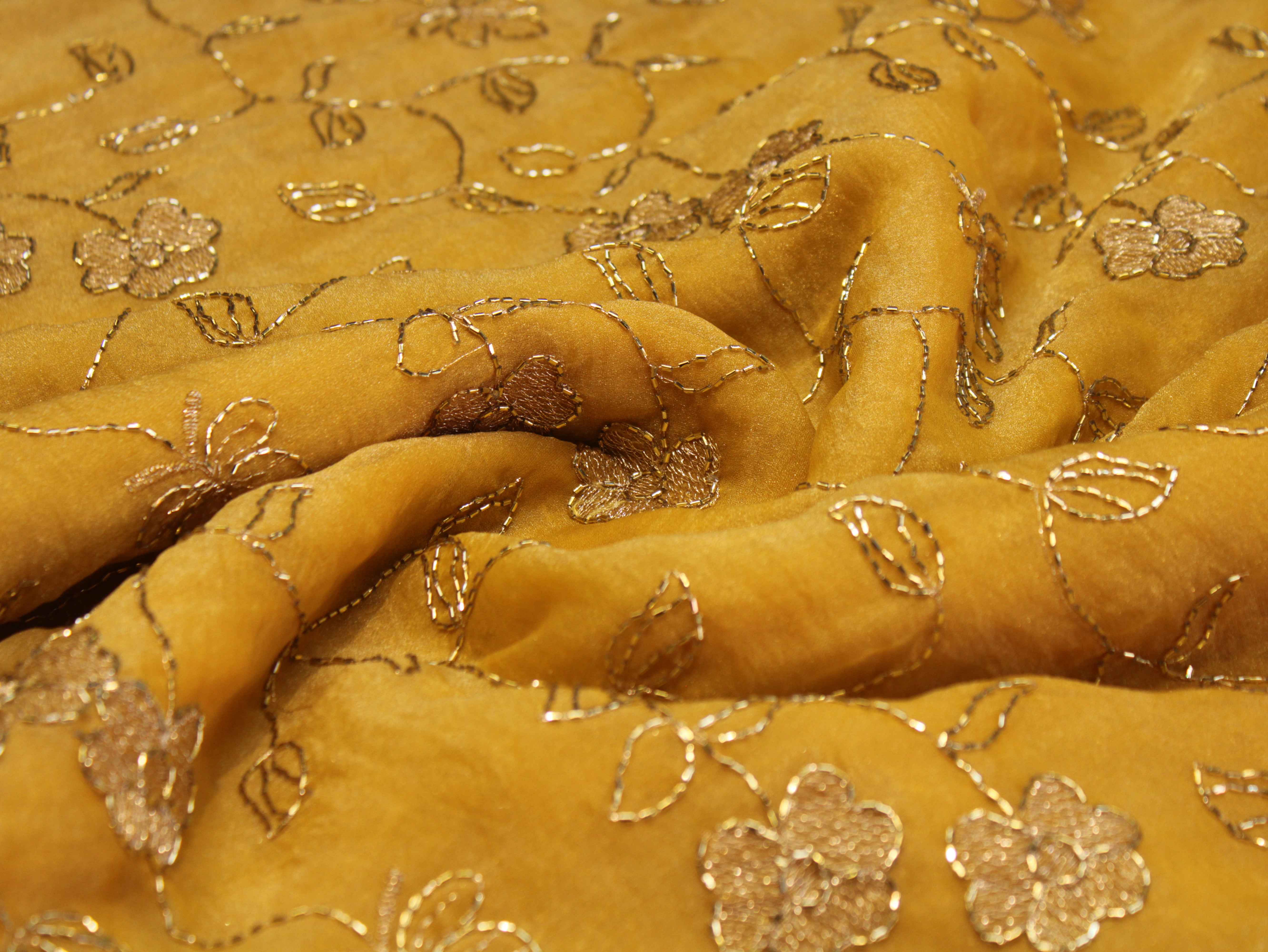 Soft Tissue Organza Fabric with Floral Zari & Semi Bits Work - Mustard