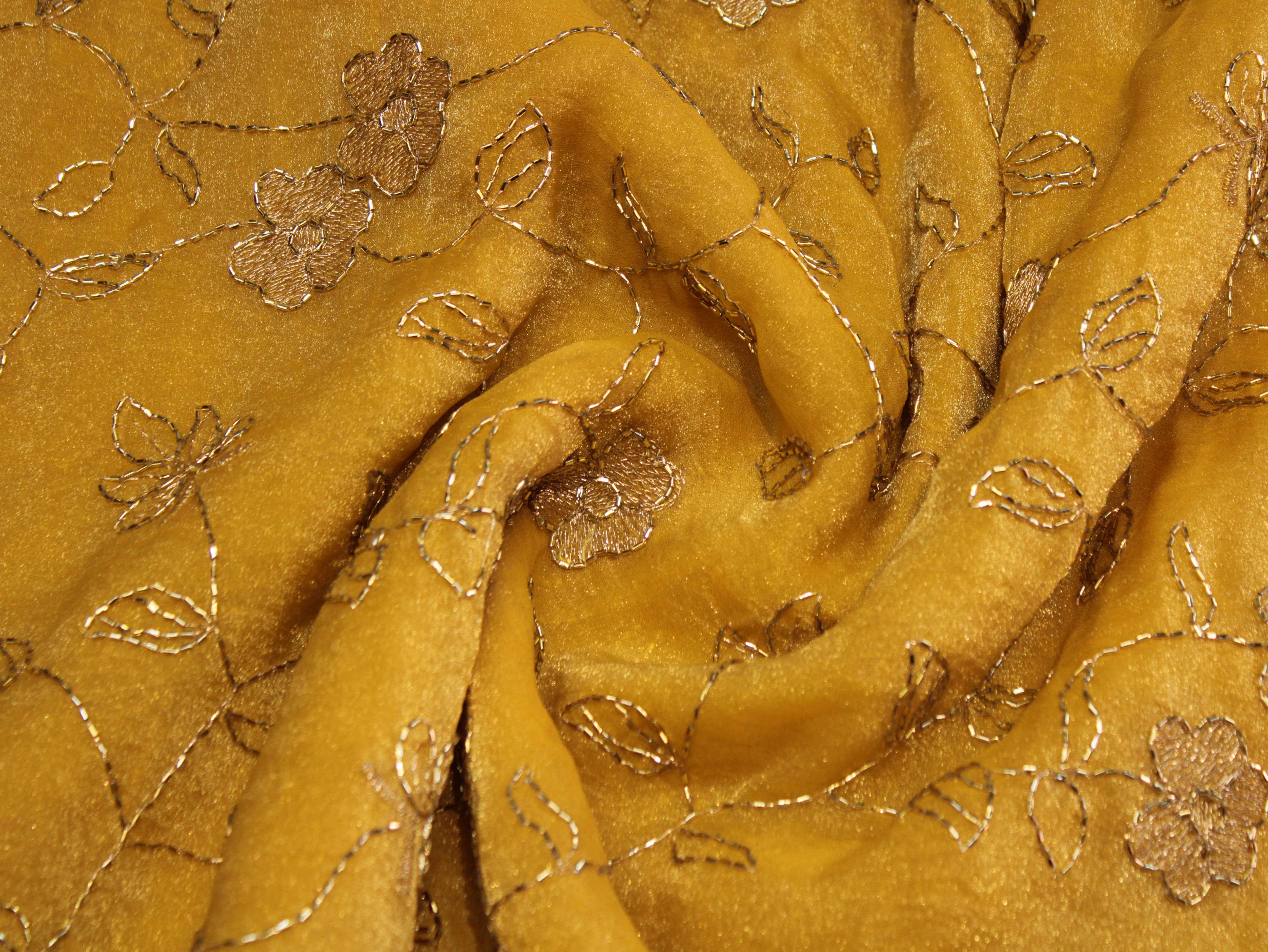 Soft Tissue Organza Fabric with Floral Zari & Semi Bits Work - Mustard