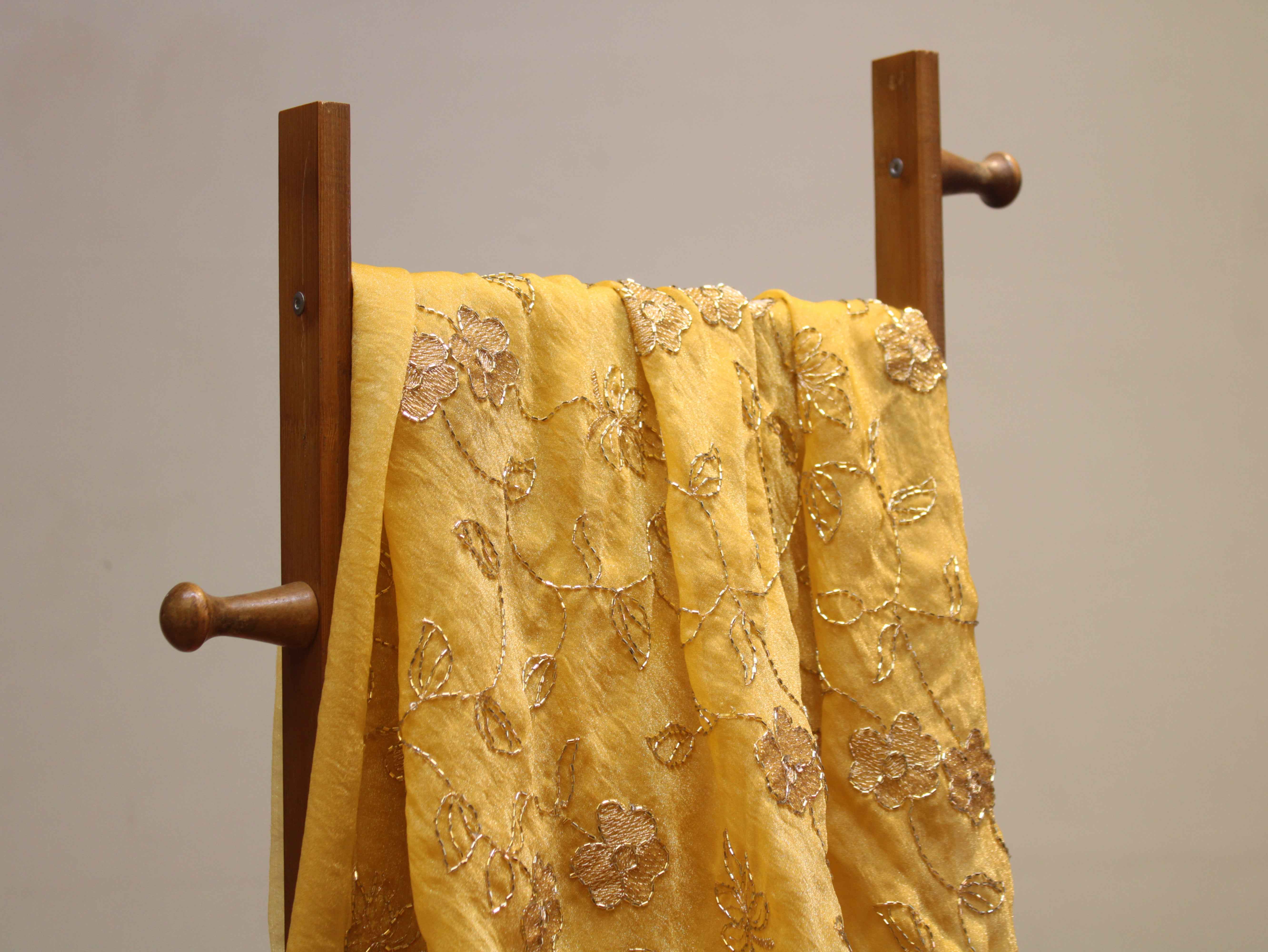 Soft Tissue Organza Fabric with Floral Zari & Semi Bits Work - Mustard