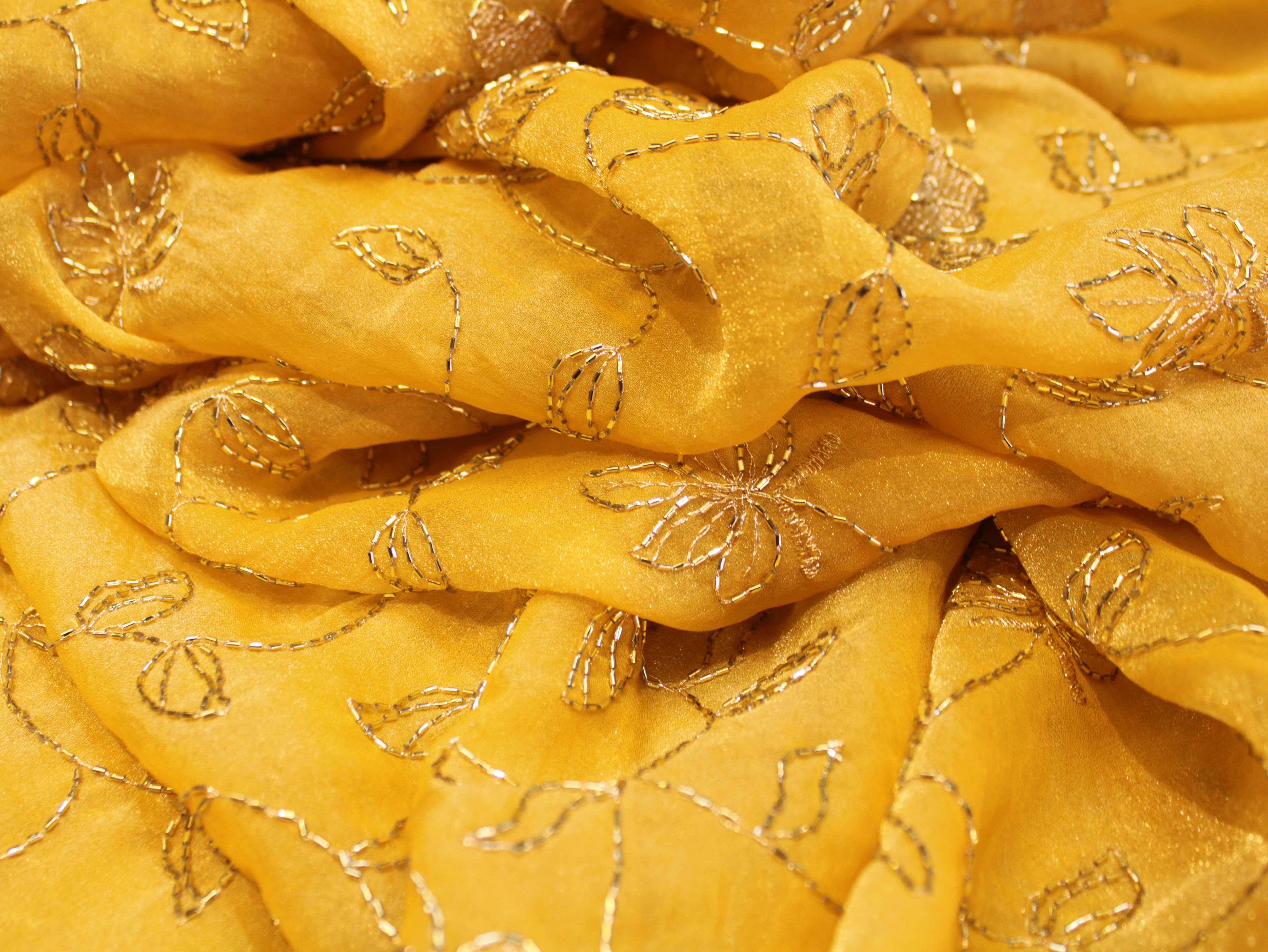 Soft Tissue Organza Fabric with Floral Zari & Semi Bits Work - Mustard