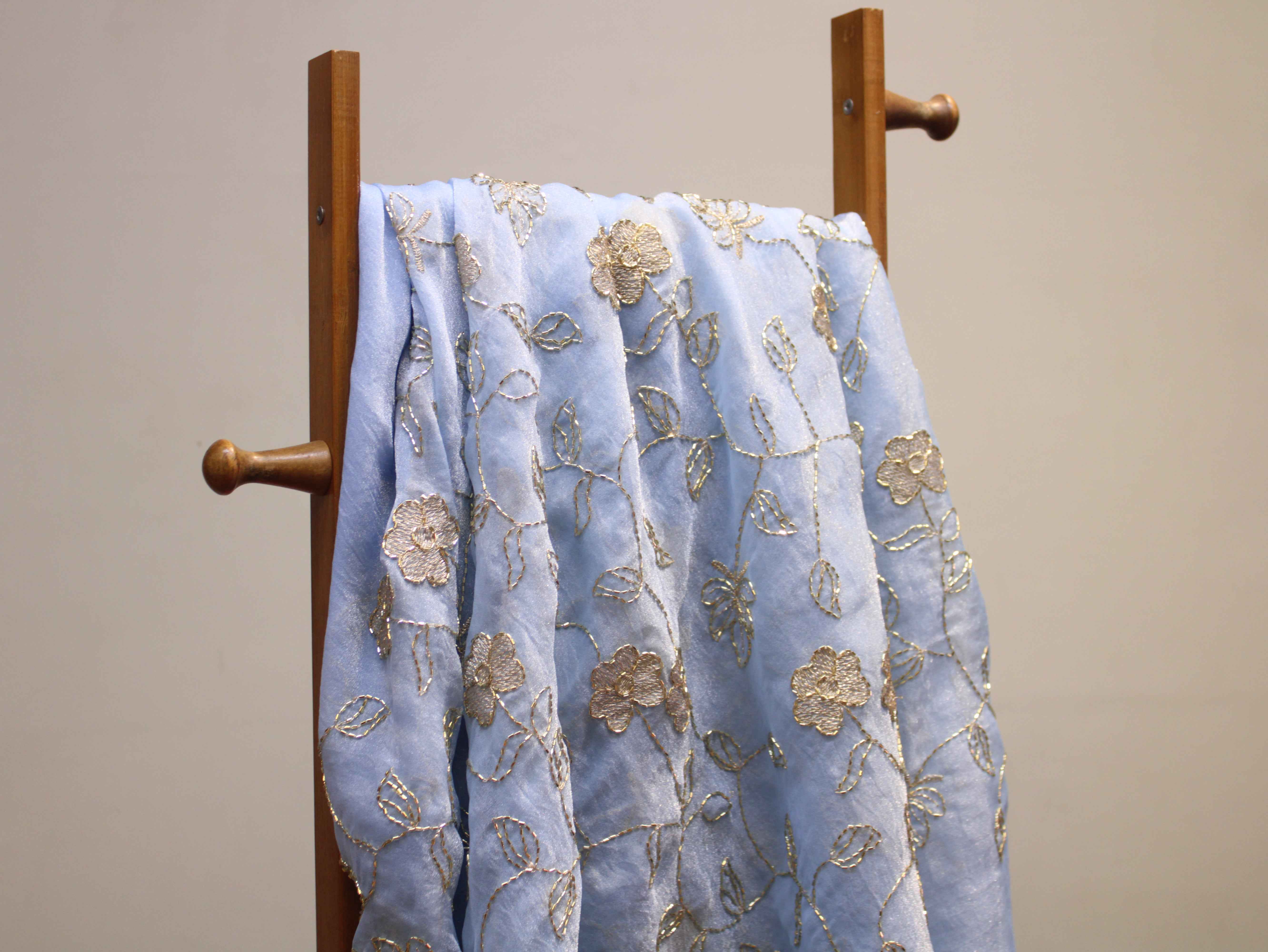 Soft Tissue Organza Fabric with Floral Zari & Semi Bits Work - Light Blue