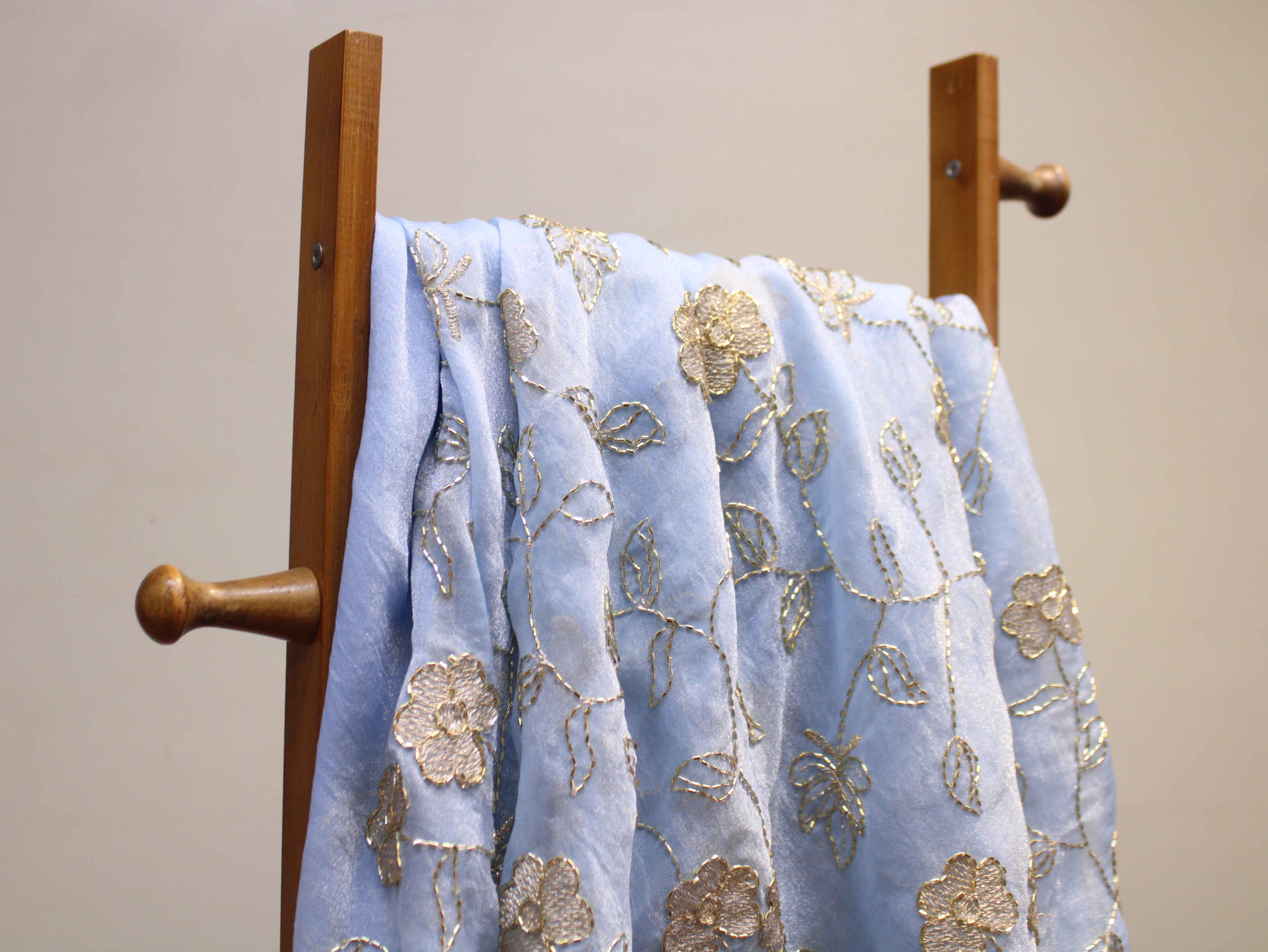Soft Tissue Organza Fabric with Floral Zari & Semi Bits Work - Light Blue