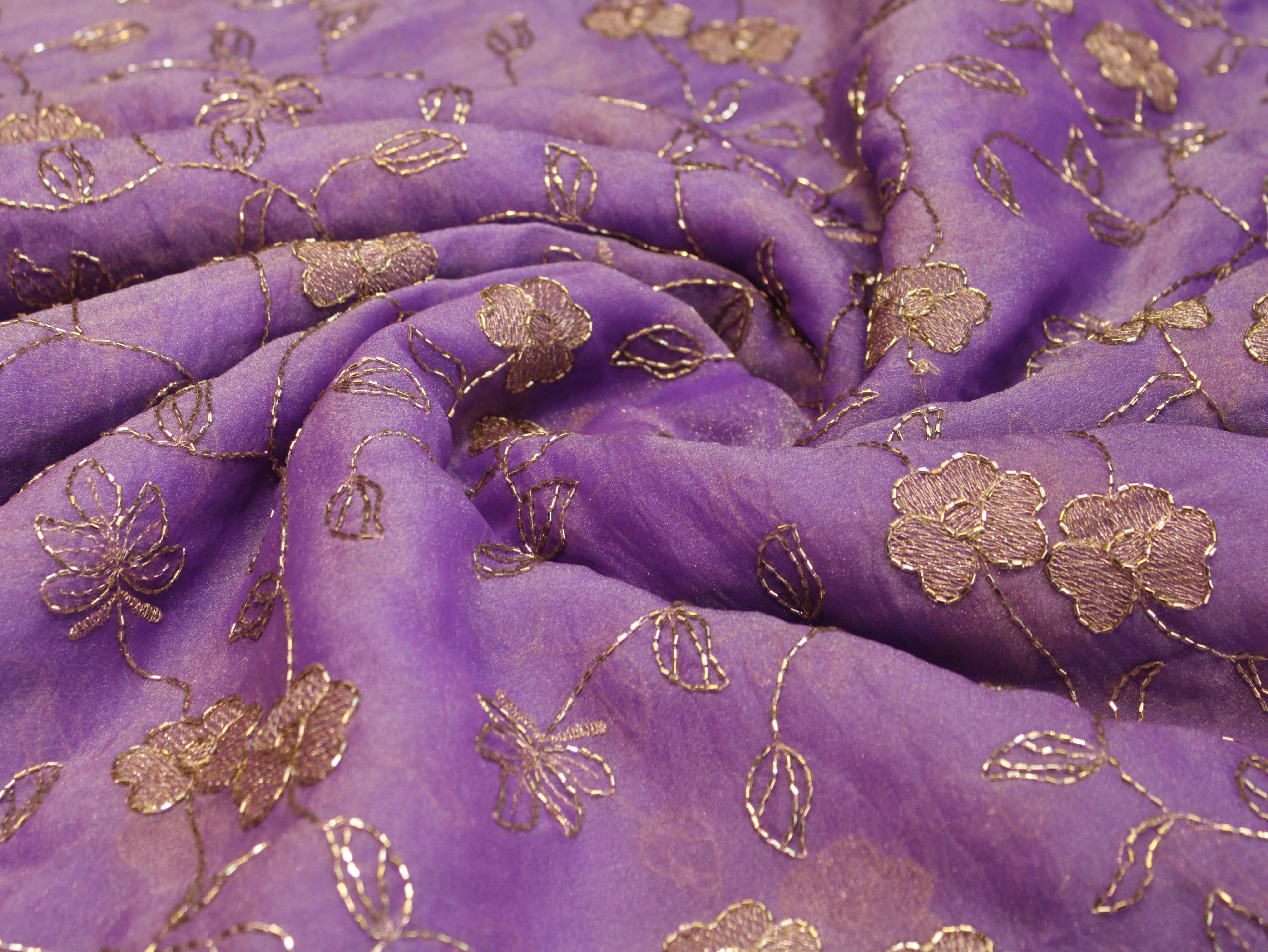 Soft Tissue Organza Fabric with Floral Zari & Semi Bits Work - Light Purple