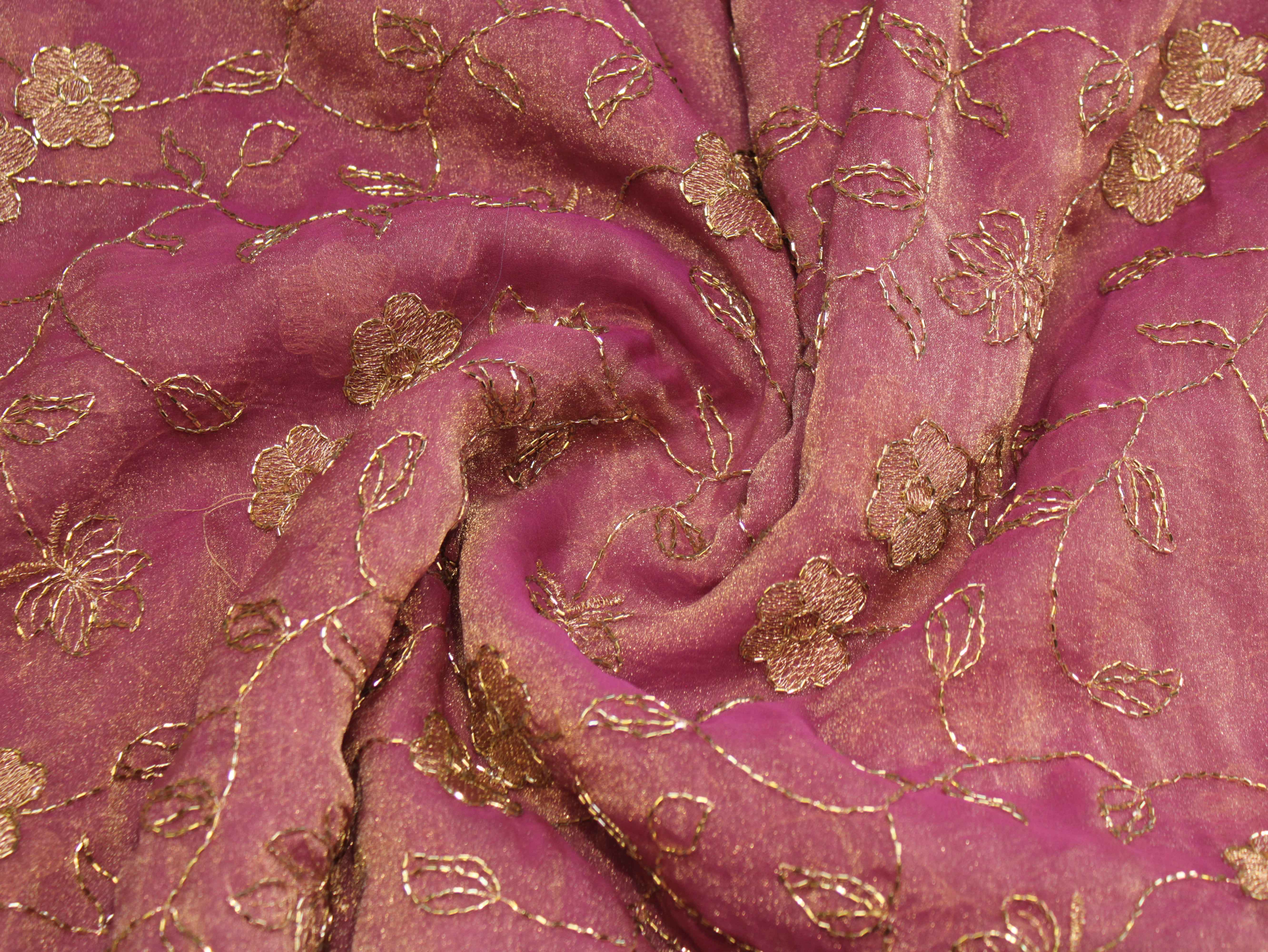 Soft Tissue Organza Fabric with Floral Zari & Semi Bits Work - Onion