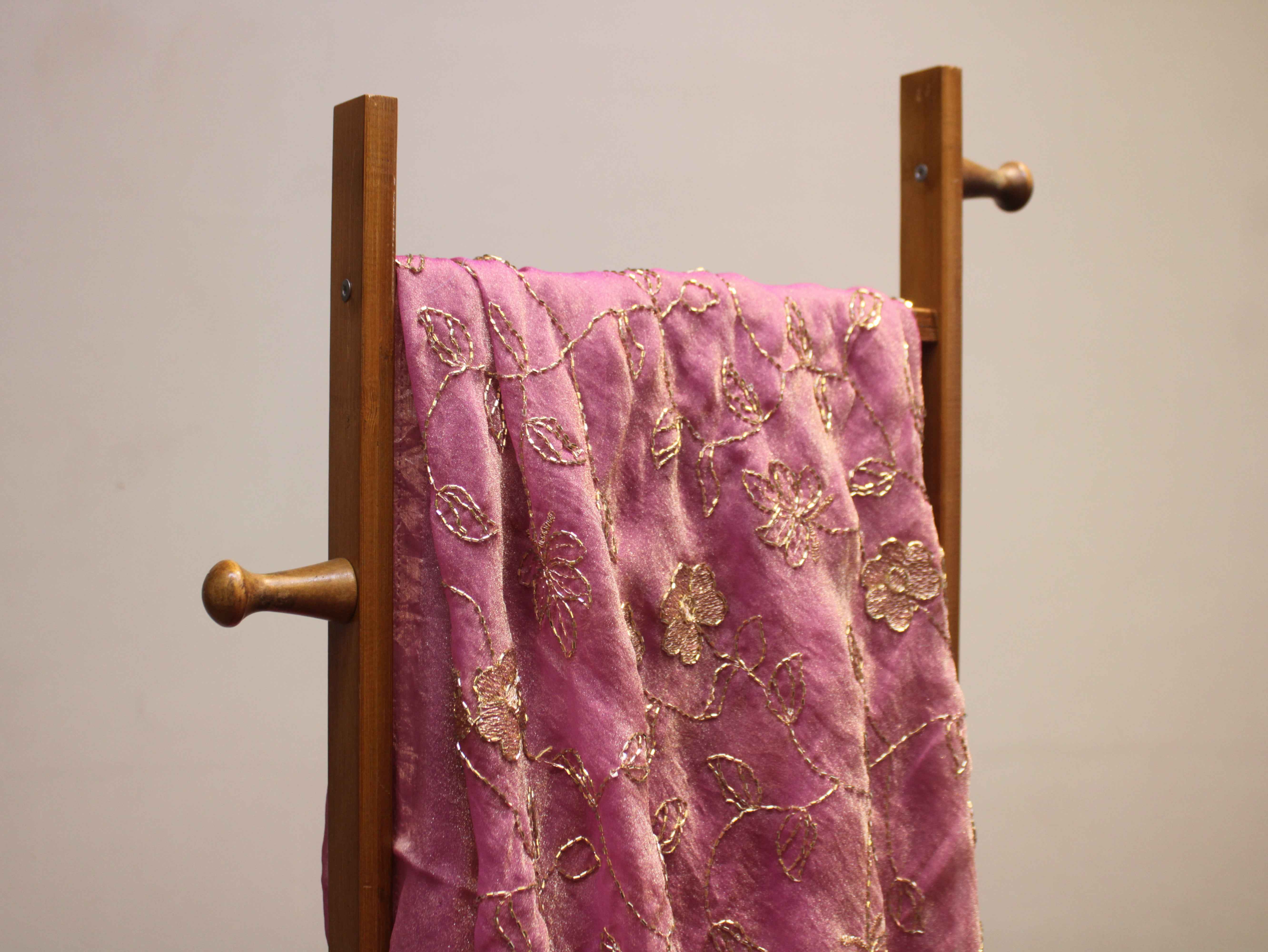 Soft Tissue Organza Fabric with Floral Zari & Semi Bits Work - Onion
