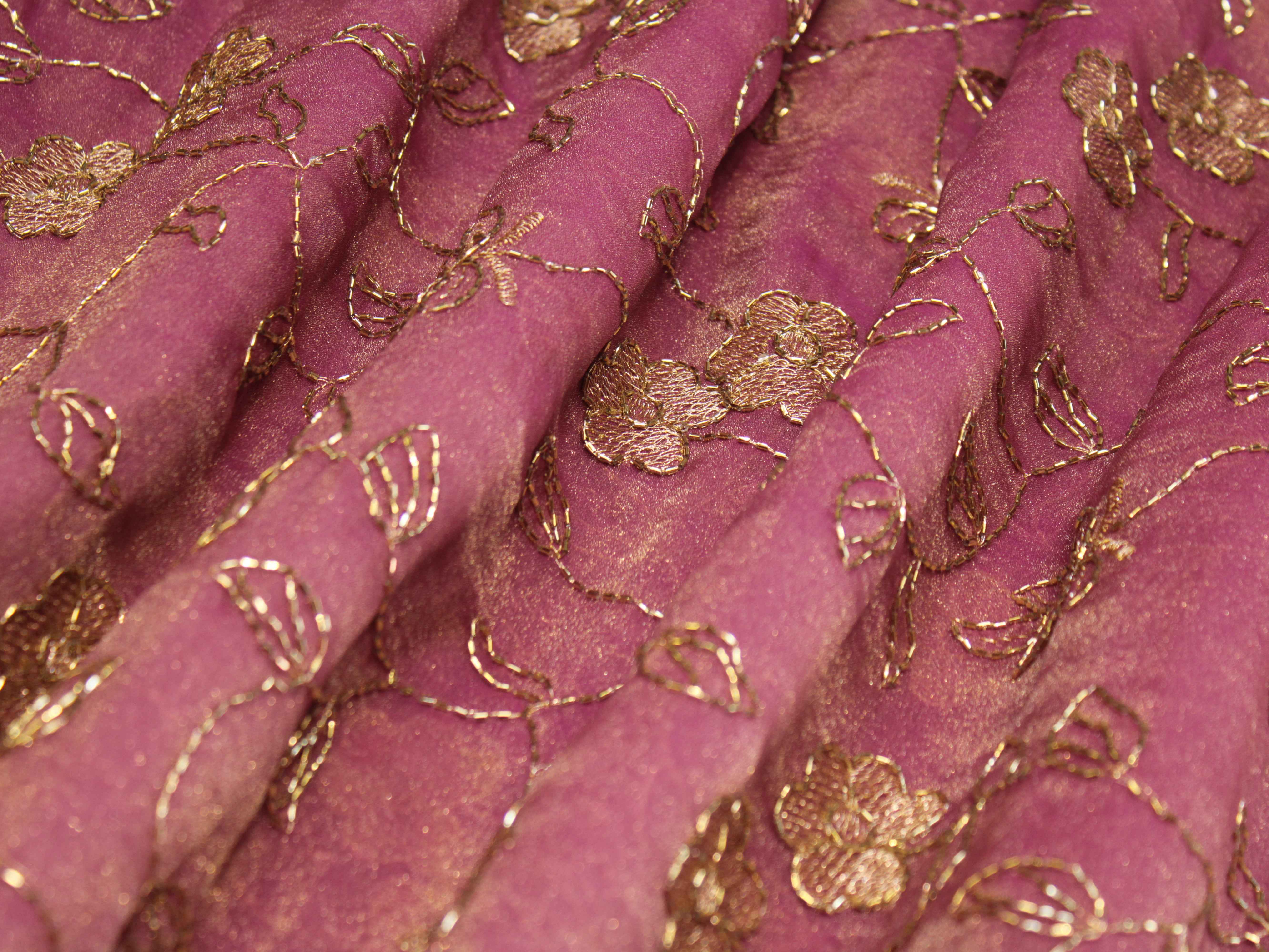 Soft Tissue Organza Fabric with Floral Zari & Semi Bits Work - Onion