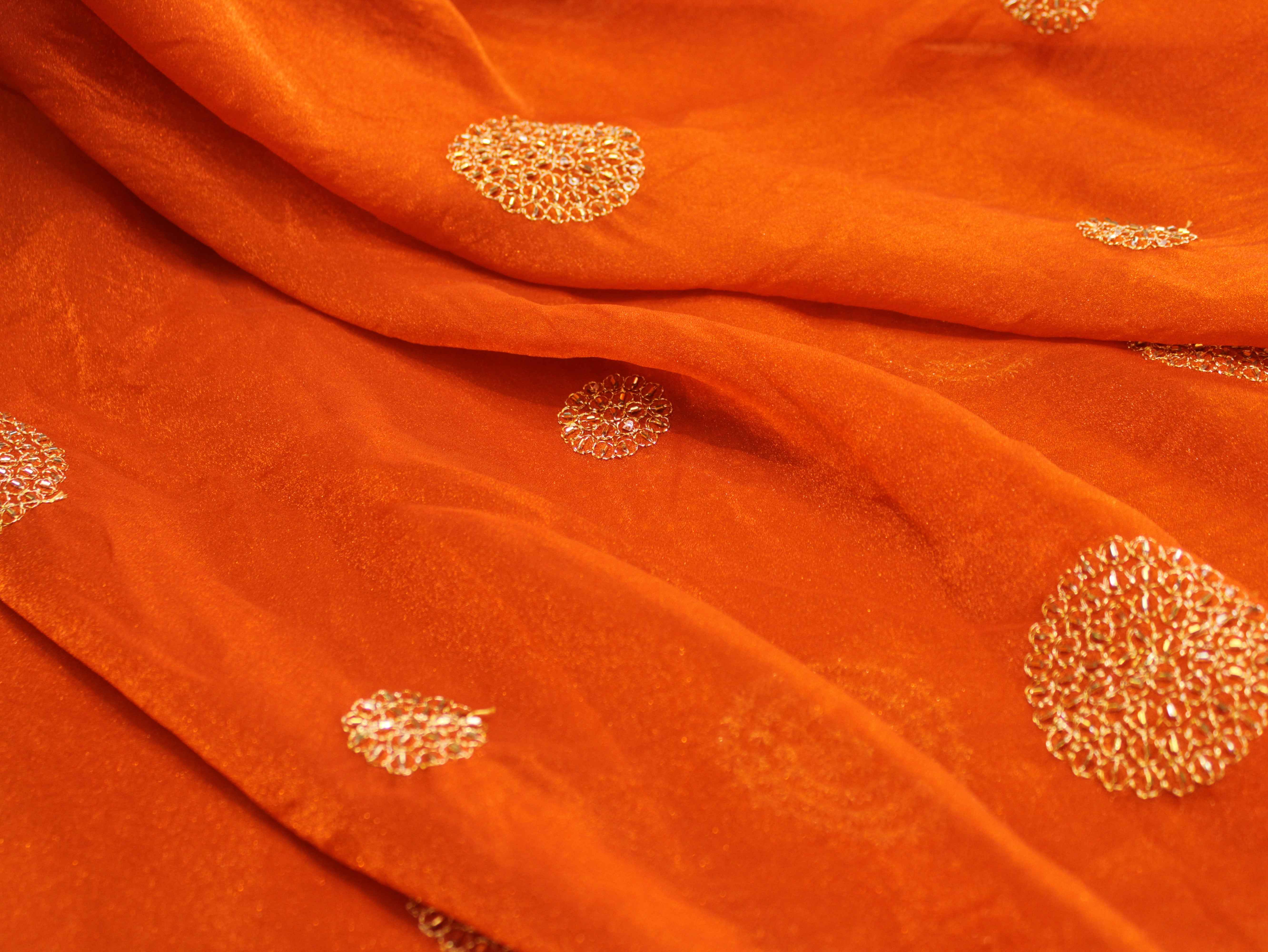 Premium Soft Tissue Organza with Round Patch Zari & Semi Bits Work - Rusty Orange