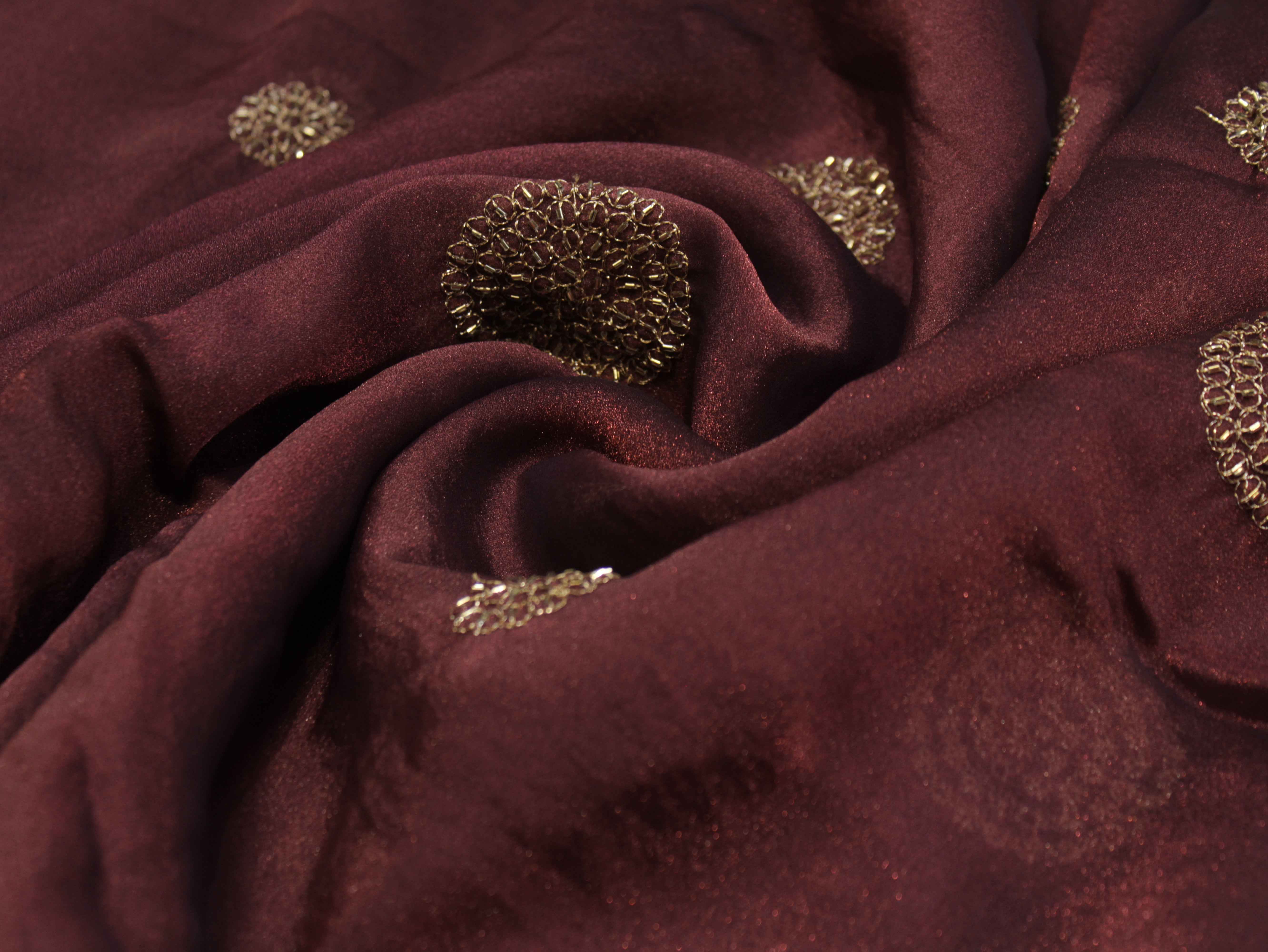 Premium Soft Tissue Organza with Round Patch Zari & Semi Bits Work - Wine