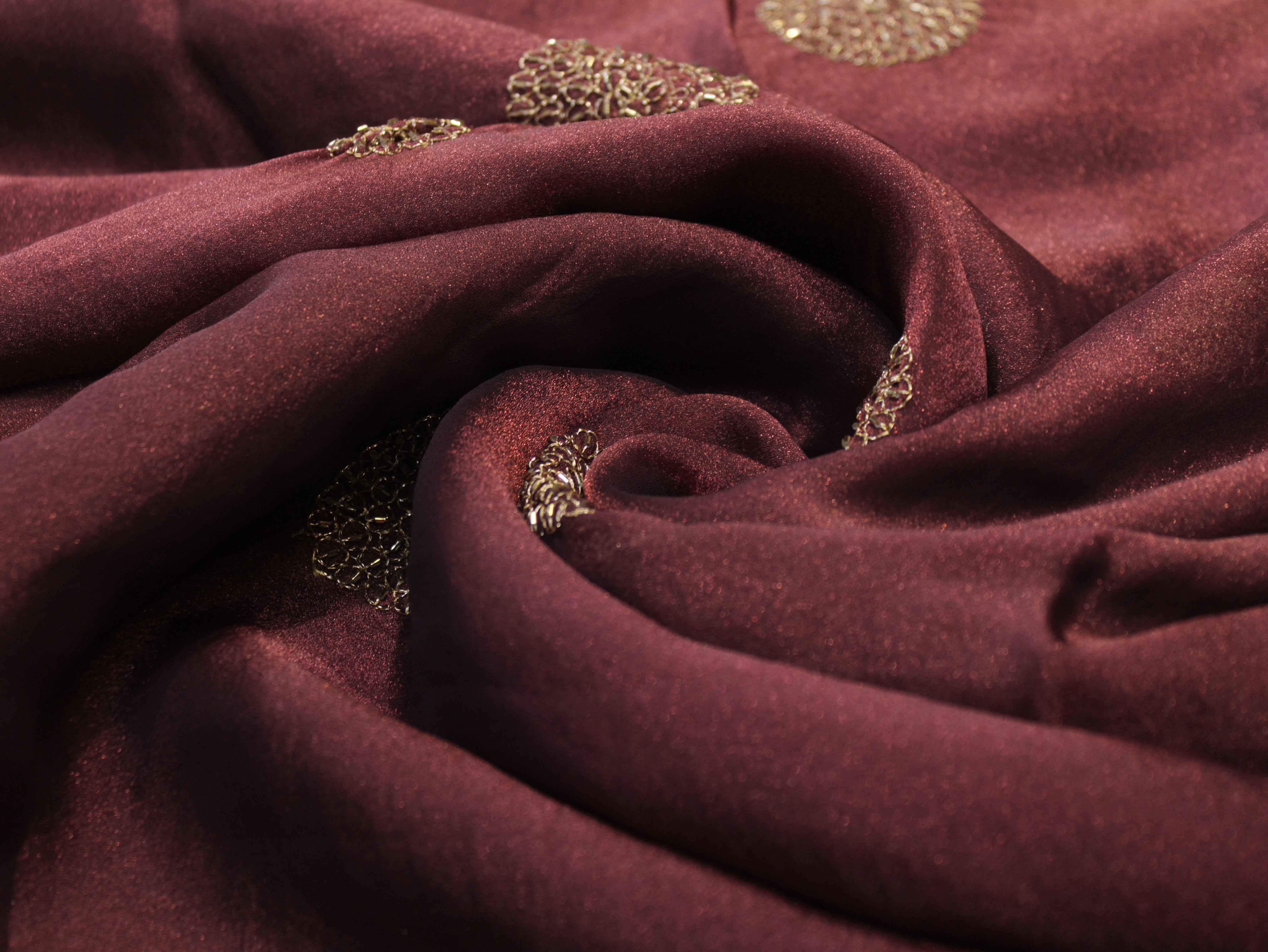 Premium Soft Tissue Organza with Round Patch Zari & Semi Bits Work - Wine